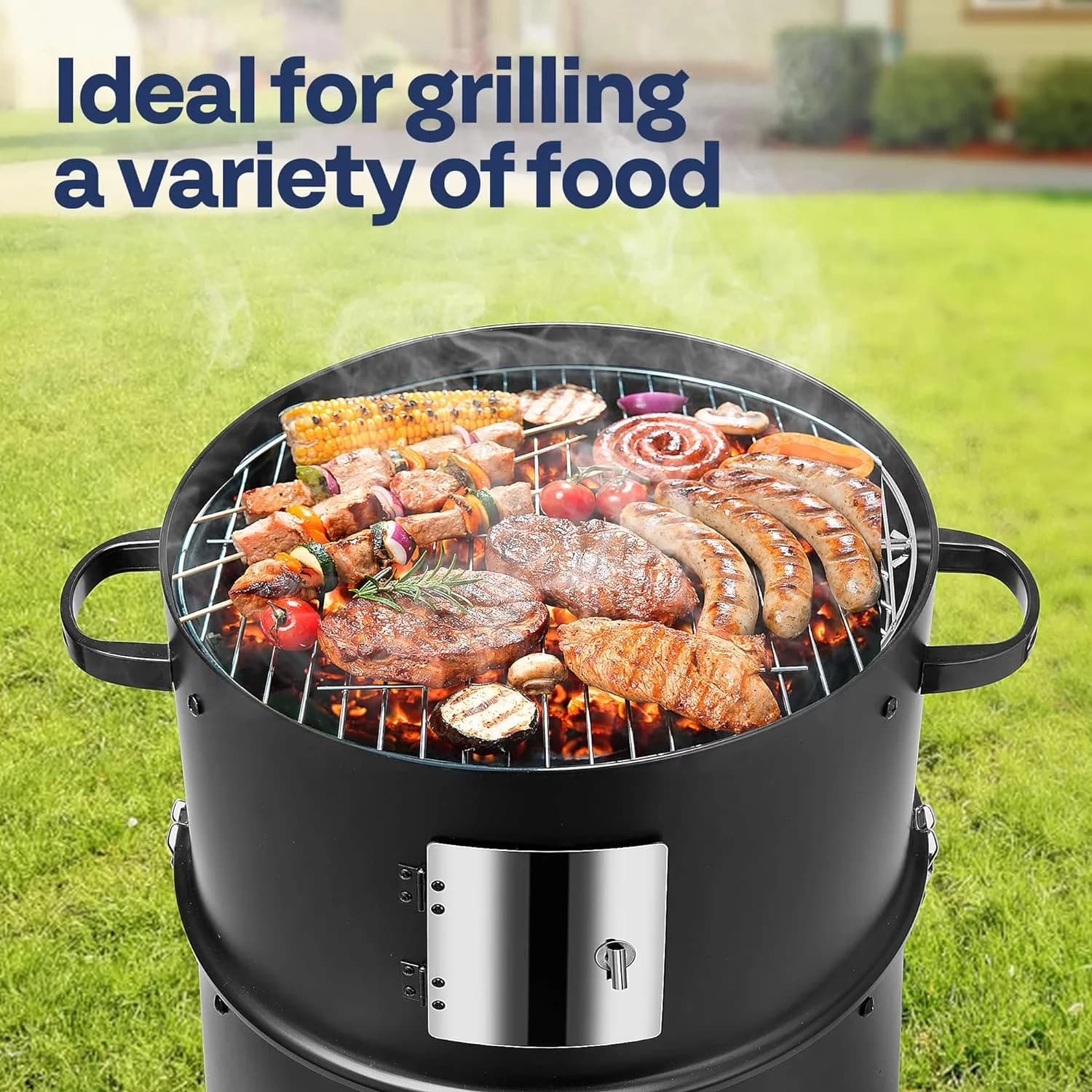 Compact Charcoal Grill with Adjustable Air Vents, BBQ Smoker, Idea - Stainless Steel Black Model 9A6390