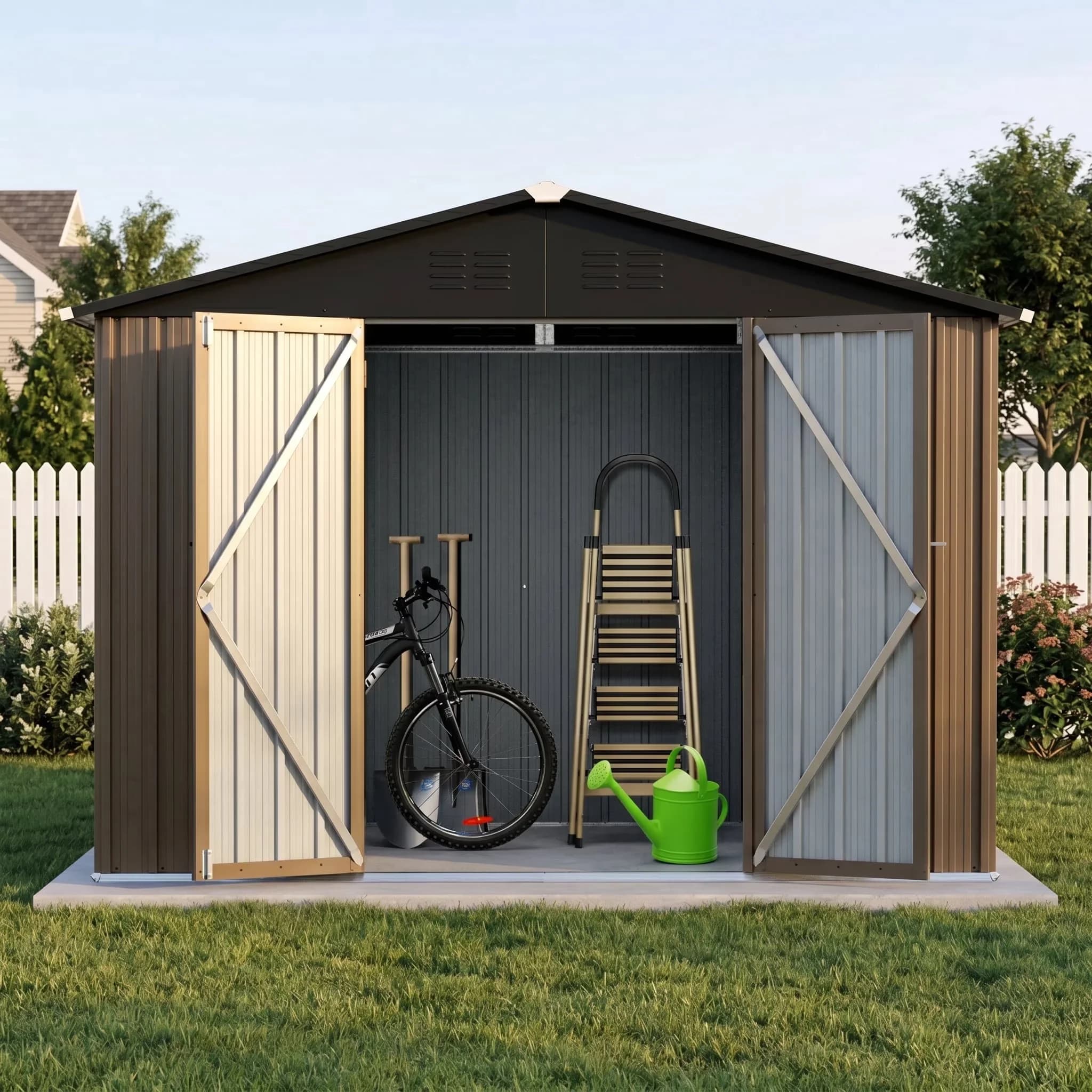 Shed Essential with Outdoor Storage, Apex Roof and Hinged Door, 8x6 Ft Metal Garden - Metal Brown Model 89B3FF