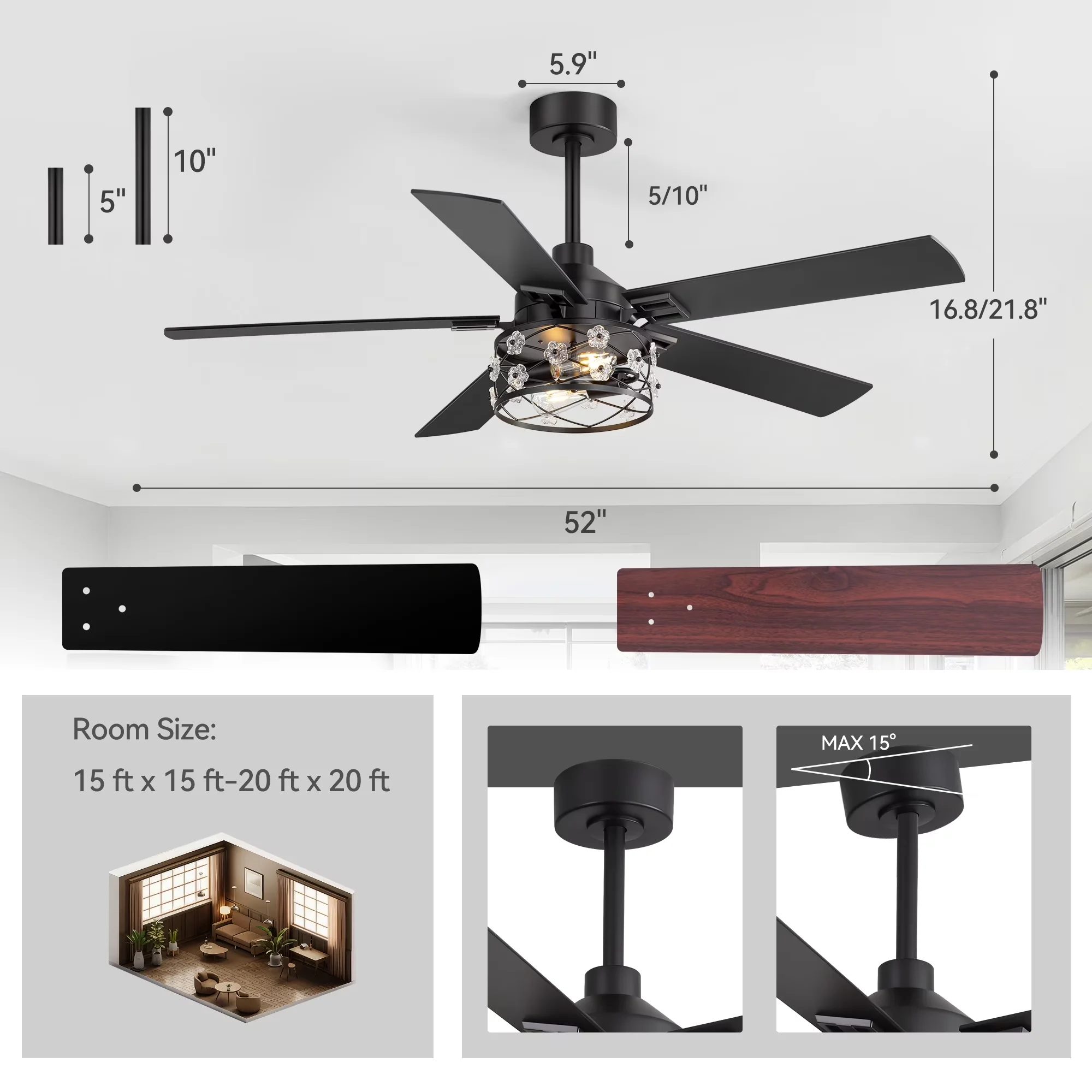 Innovative Ceiling Fan with LED, Eco Friendly, Reversible Blades - Iron Black Model CA99E1