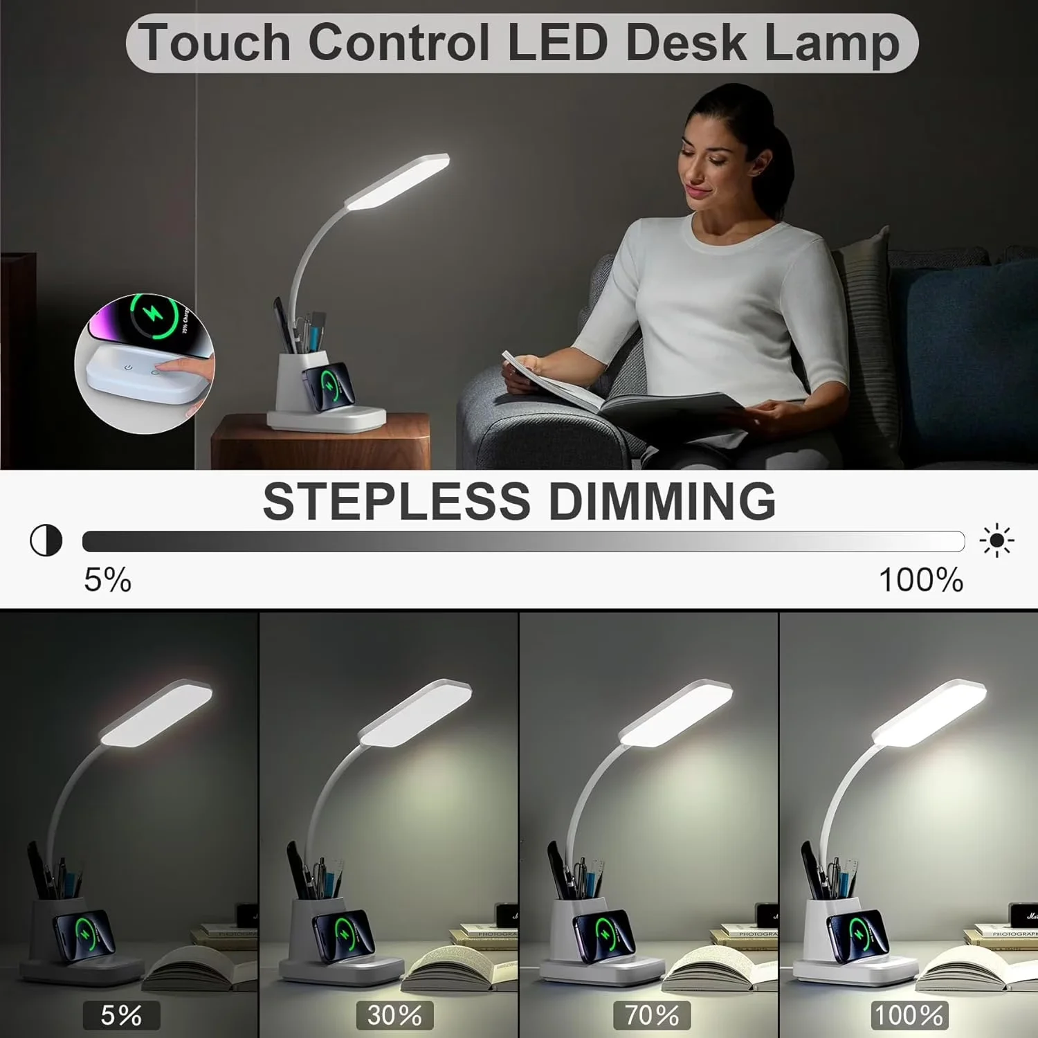 Desk Lamp Premium with LED, Gooseneck, Wireless Charging - White Plastic for Home Office Model ECEBB0