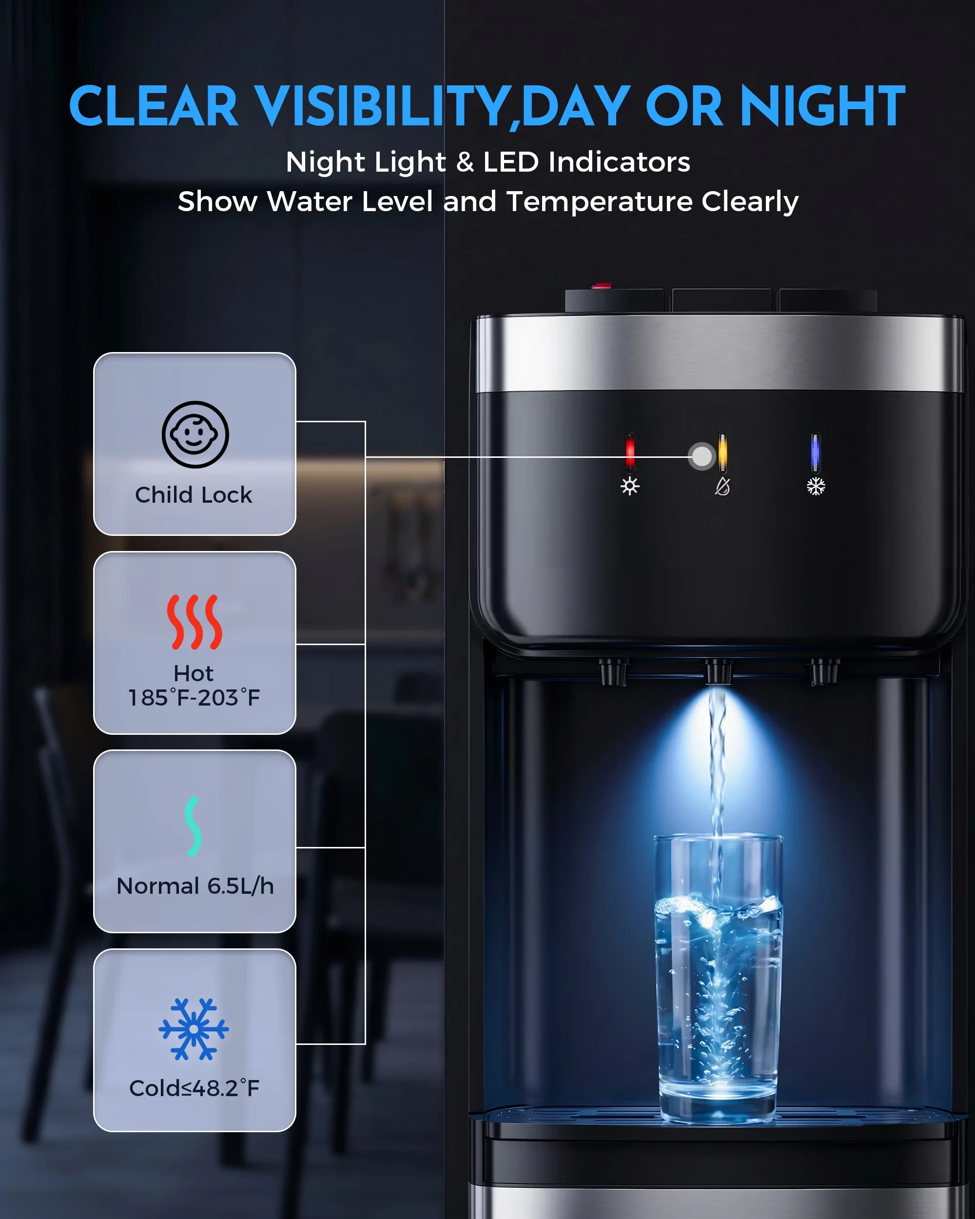 Sleek Water Filtration with 3-Temperature Hot/Cold/Room, Bottom Loading Cooler Dispenser - Silver 1 for Home, Office Model 9A2907