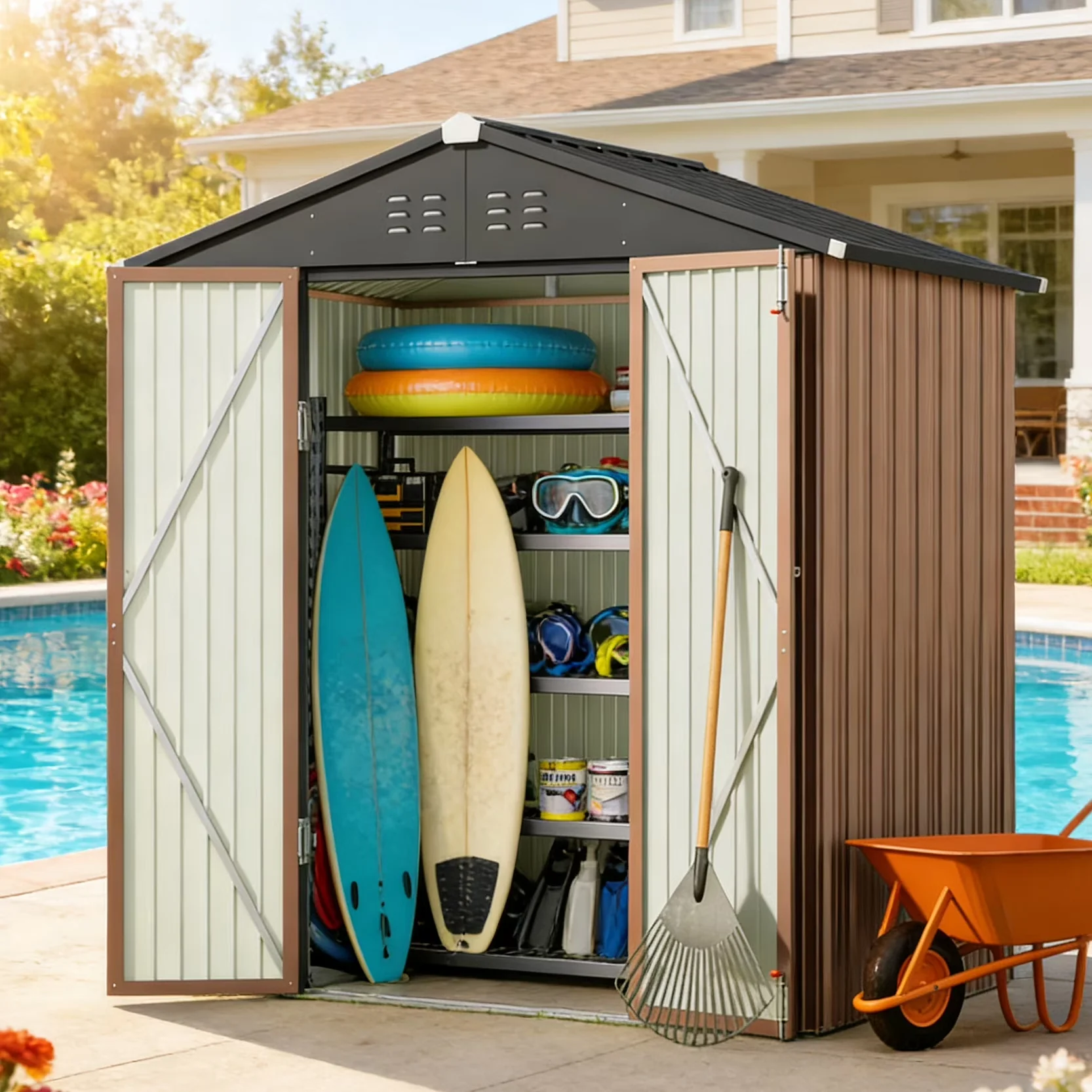Compact Shed with Uv Resistant, Rust Resistant - Brown Alloy Steel for Patio Model DA8816