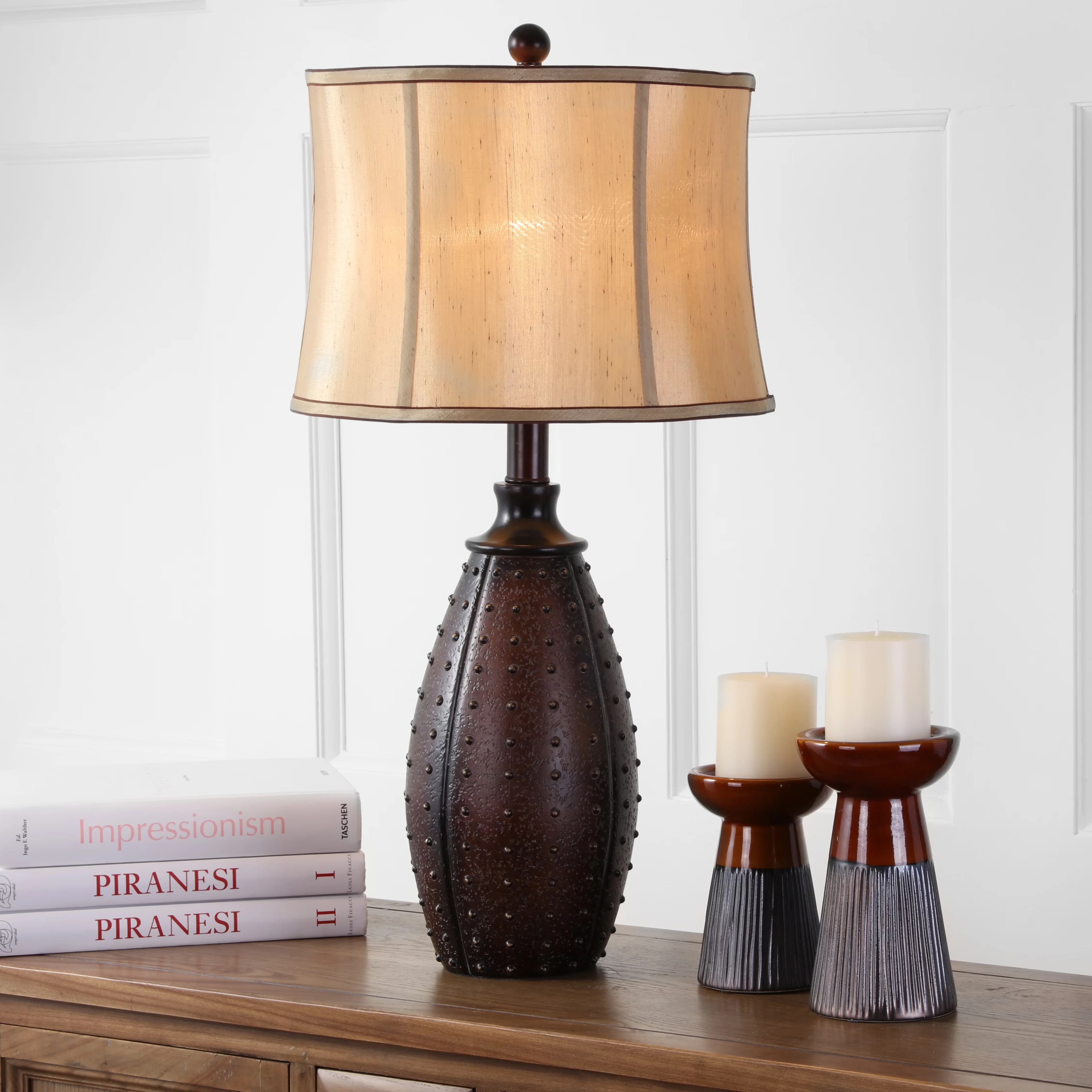 Sleek Lamp Set with Transitional, Metal Finish: Brown, Beige Polyester Shade - Resin Brown Model FC2A57