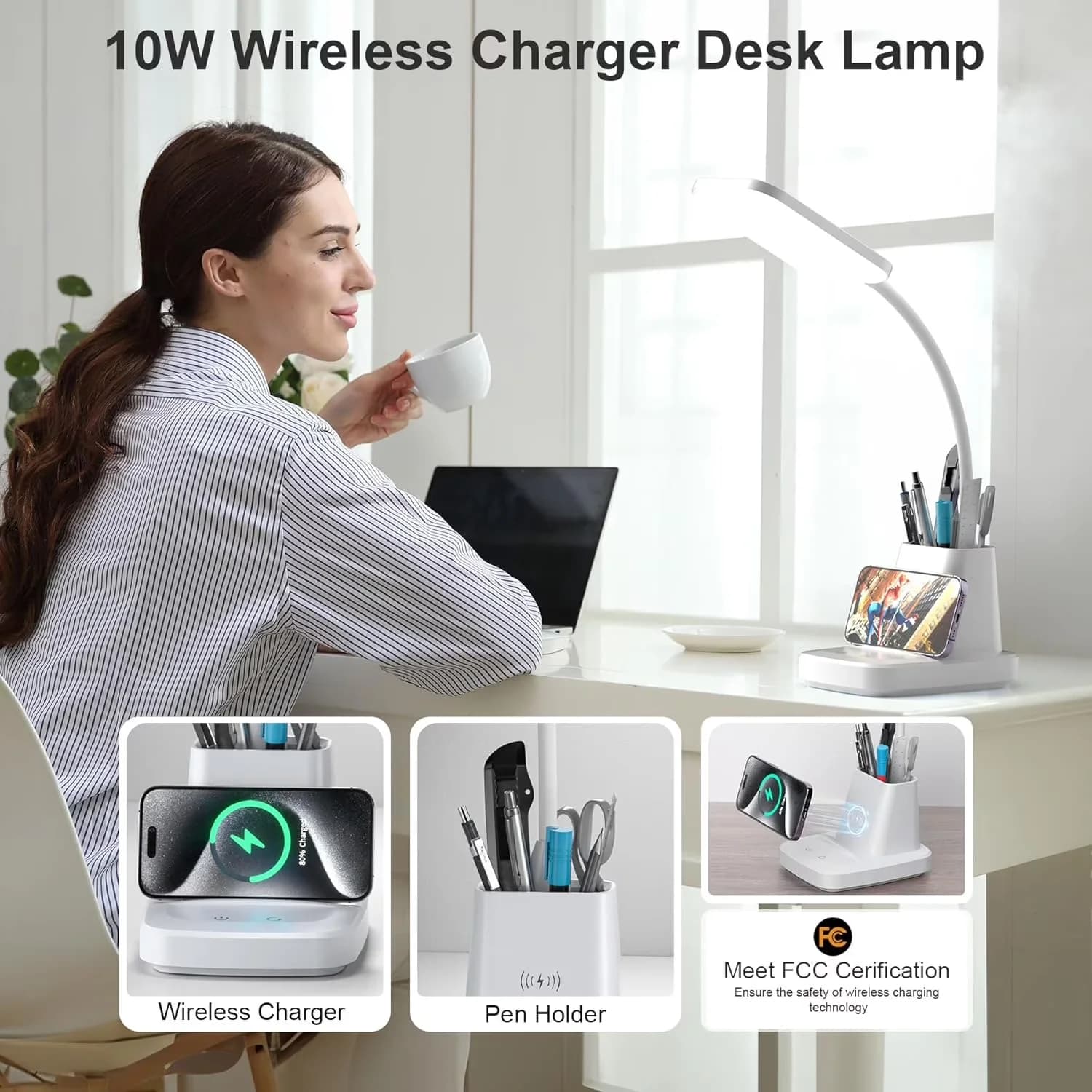 Desk Lamp Premium with LED, Gooseneck, Wireless Charging - White Plastic for Home Office Model ECEBB0