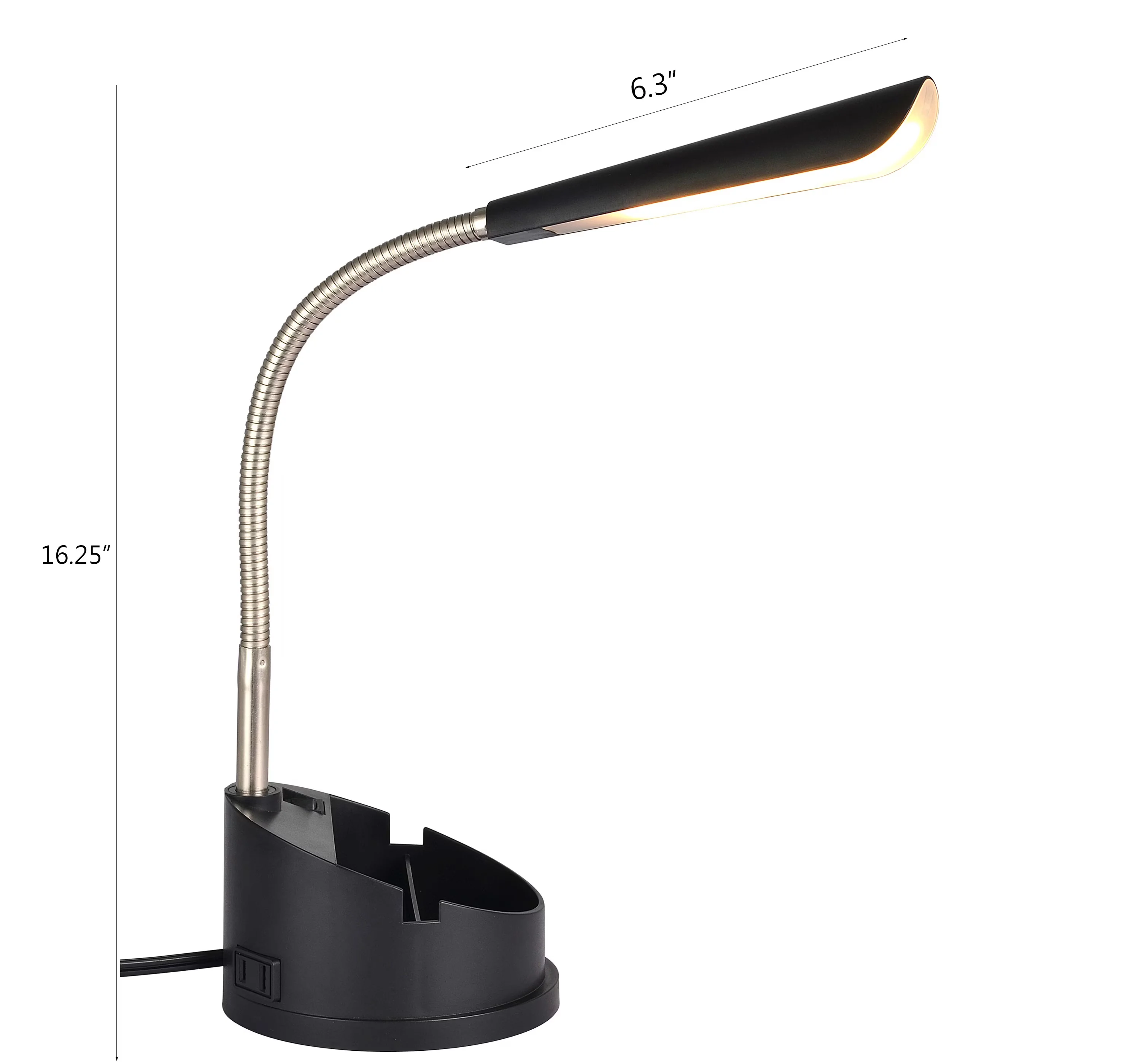Desk Lamp Compact with LED, Power Outlet, Modern - Black Plastic Organizer Model 2401DE
