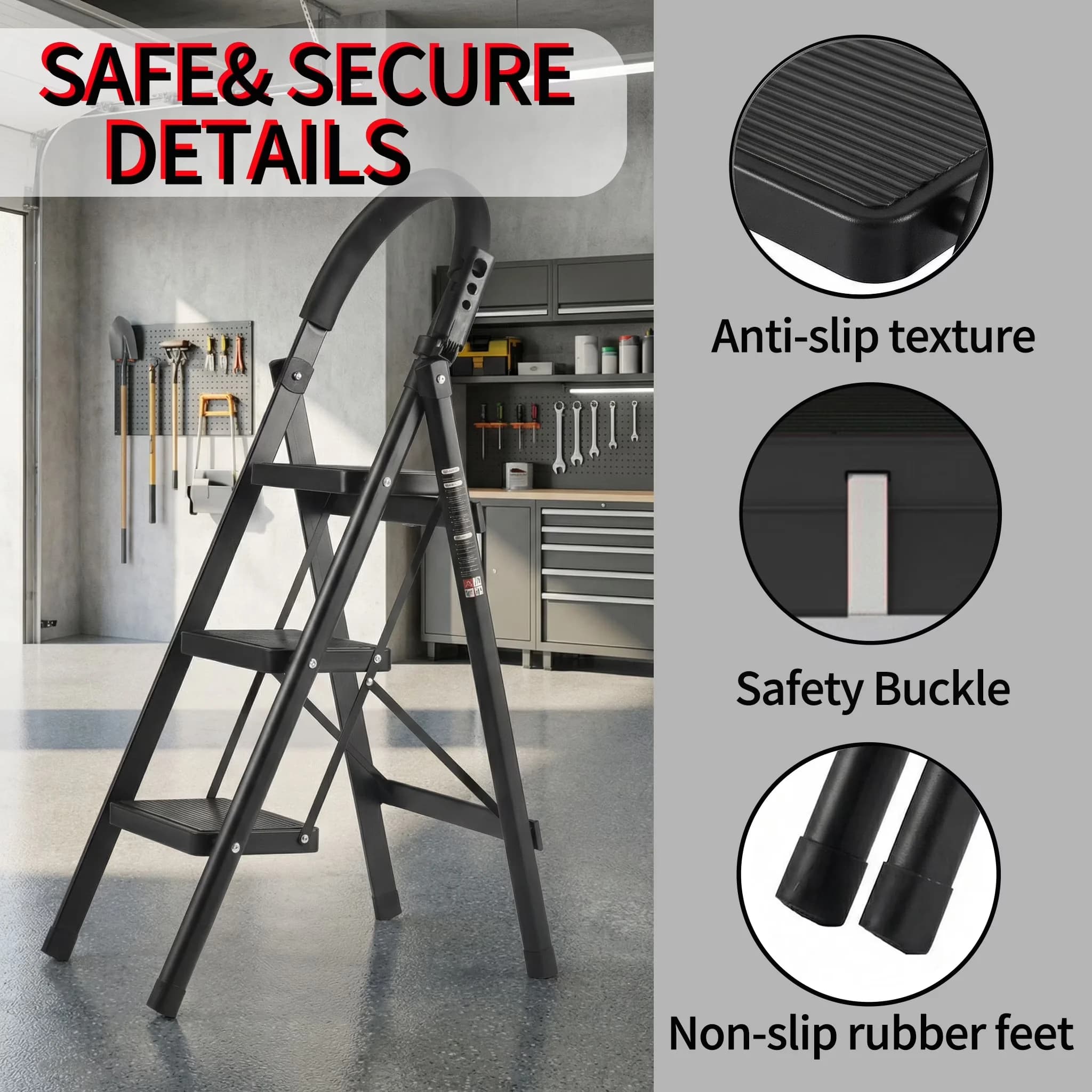 Ladders And Step Stool Innovative with Foldable, Padded Handrail - Metal Black Model C0F789