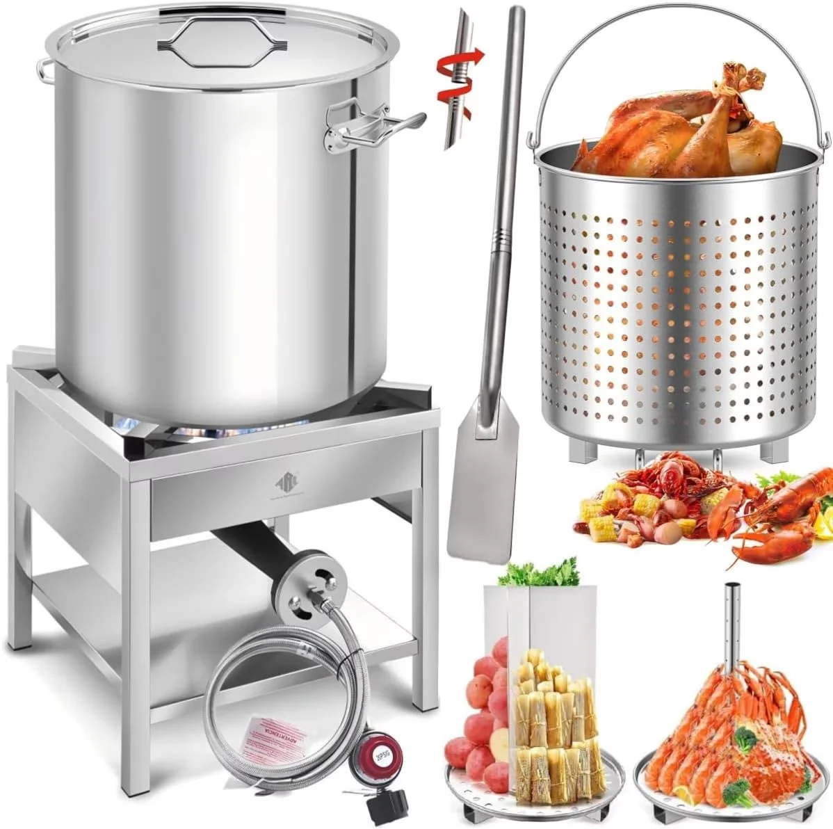 Stylish Outdoor Fryer with 200000 BTU, Crawfish Boil Pot - Stainless Steel Silver for Large Model 9DAA44