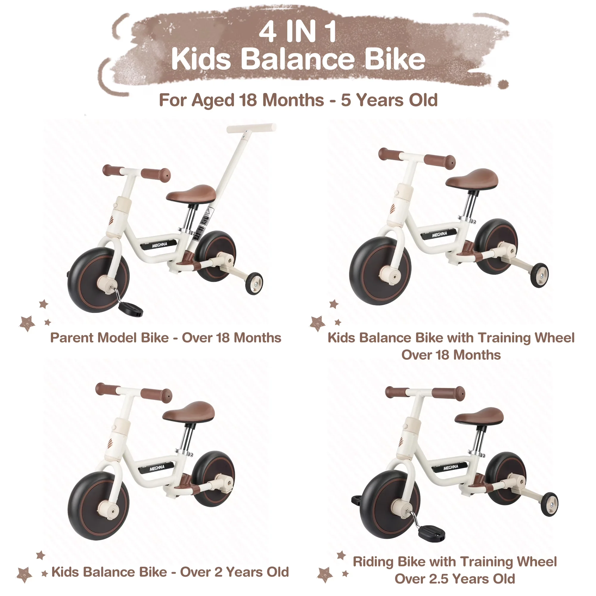Efficient Kids Bike with 4 in 1 Toddler Balance Multi-Function - Brown Model 097840