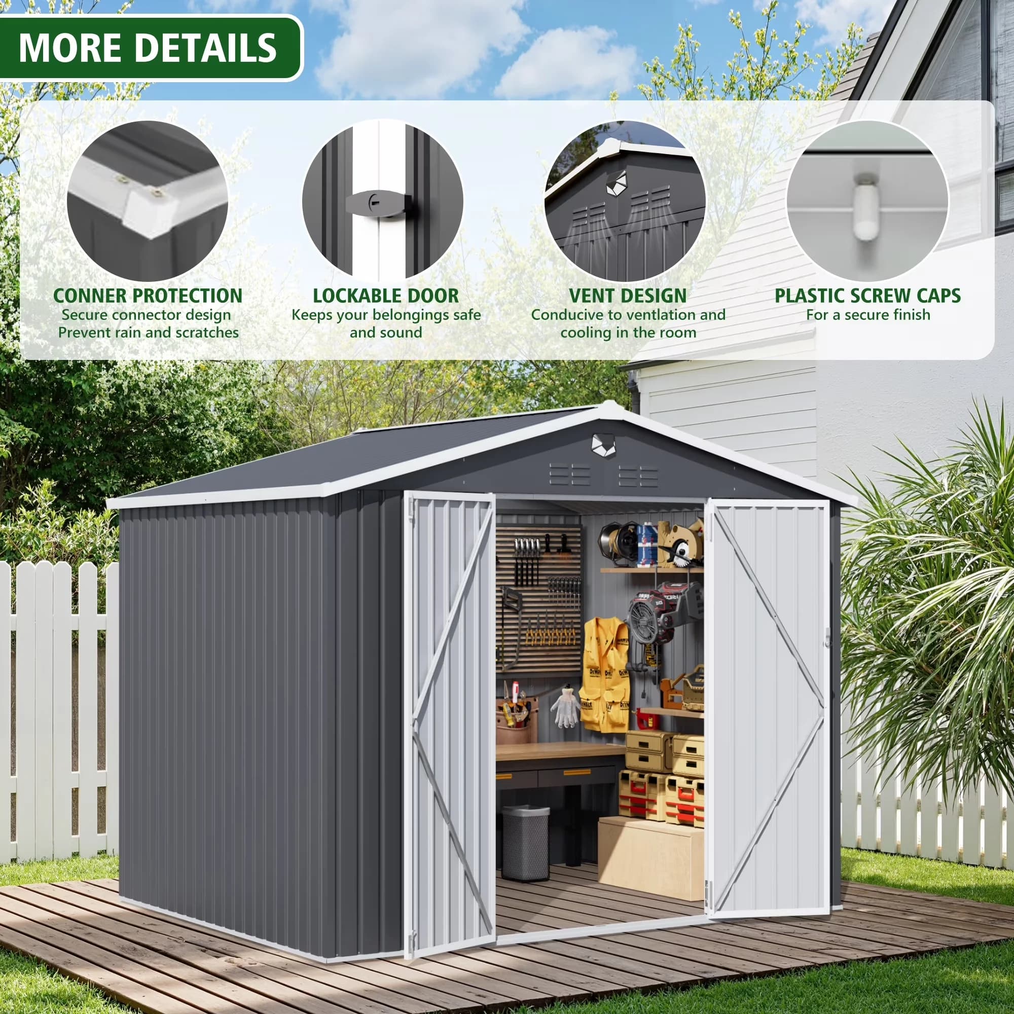 Versatile Shed with LED, Lockable Door, Led Light & Air Vents - Metal Black Model F109A2