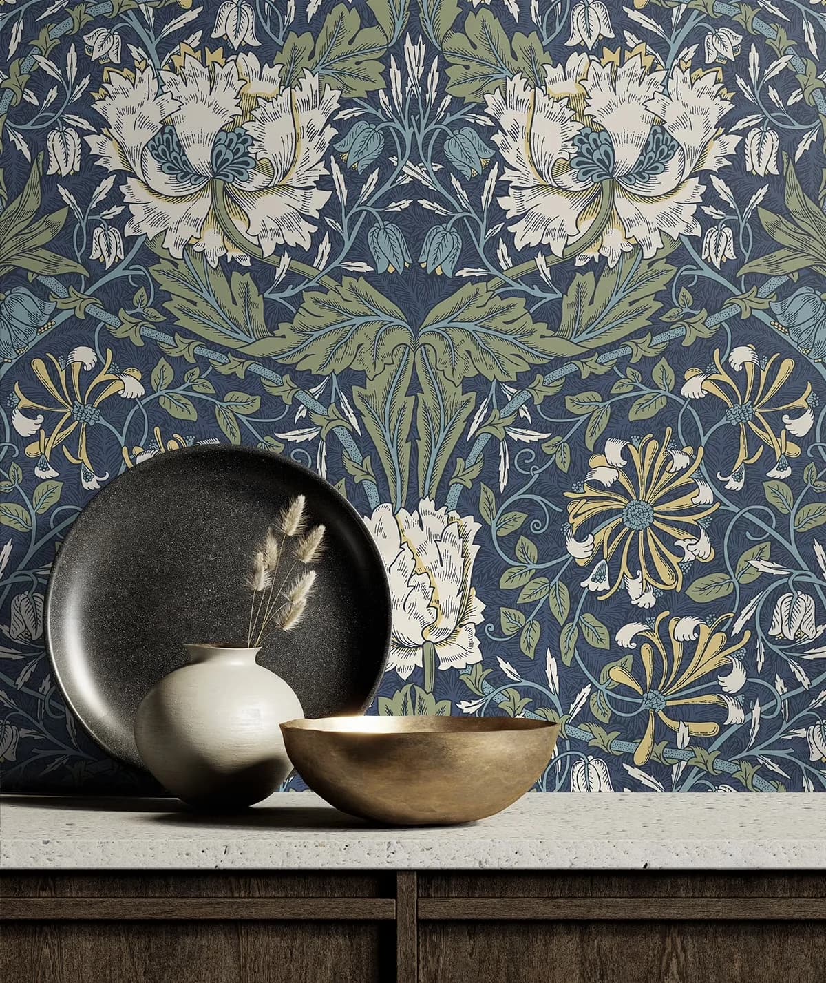 Wallpaper Compact with Removable, Ogee Flora Peel and Stick, 20.9 in. W x 18 ft. L - Self-Adhesive Vinyl Indigo Dye & Sage Model A60A2D