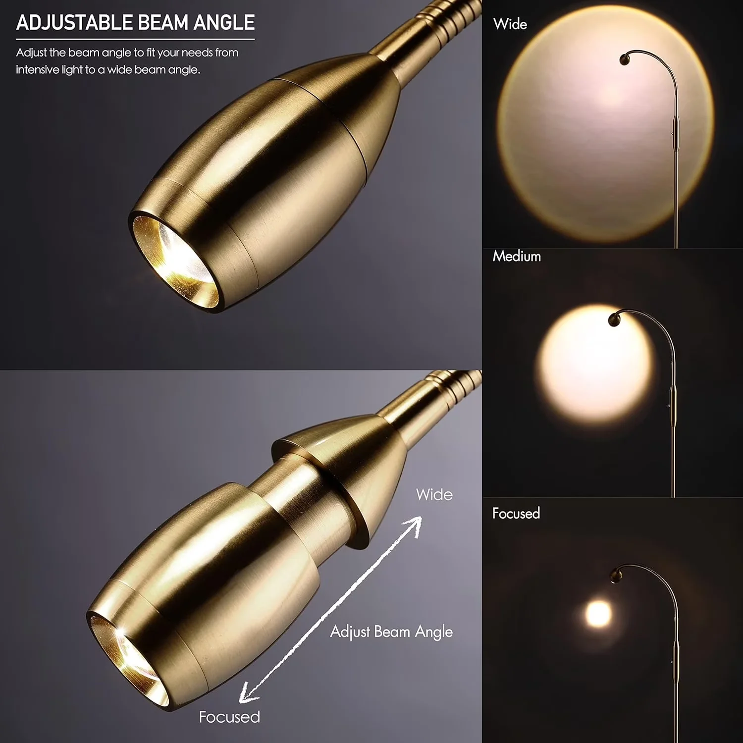 Essential Floor Lamp with LED, Adjustable Height, Dimmable - Gold Metal Model AF2C24