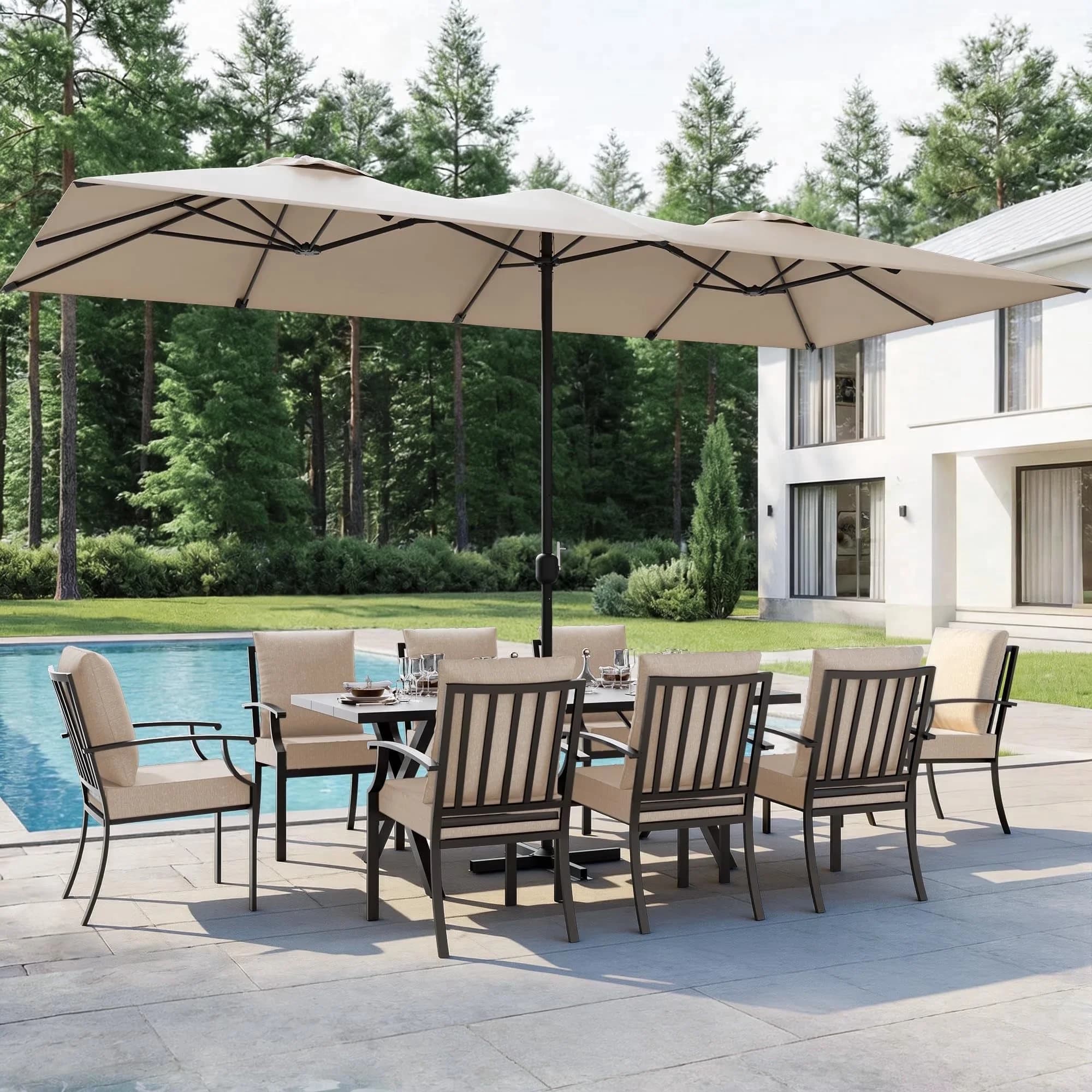 Patio Dining Set Quality with Crank Handle & Ribs, 14FT Umbrellas, Cross Base for Garden - Model 16E3EE
