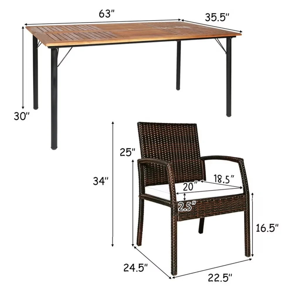 Classic Patio Dining Set with Modern, Outdoor Furniture, Umbrella Hole - White Pe Wicker, Acacia Wood, Steel, Polyester, Sponge Model 8A5B3E