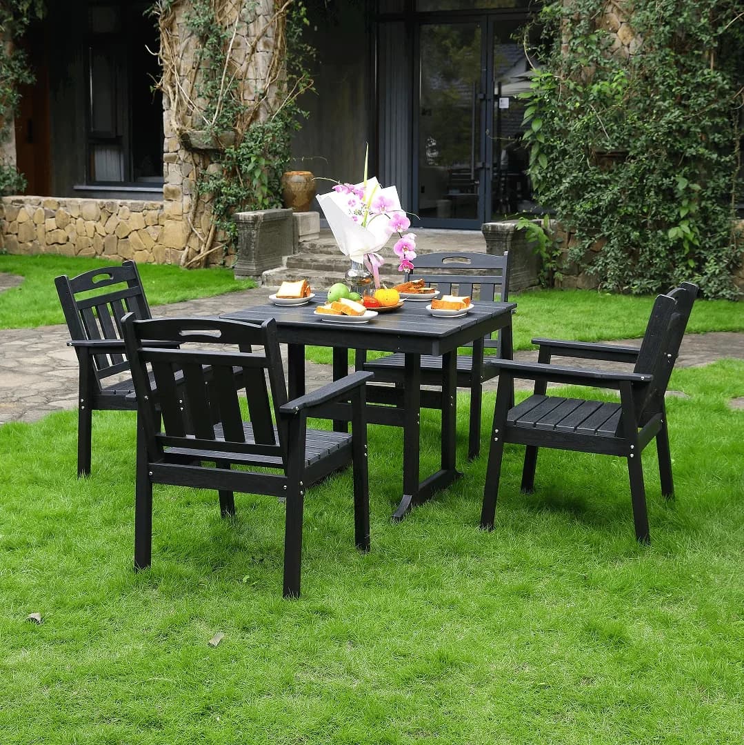 Patio Dining Set Compact with Weatherproof, Waterproof Outdoor Seating, Resenkos HDPE Compact 1 Table 4 Chairs - Black-5Pcs Hdpe Model 7DB1A8