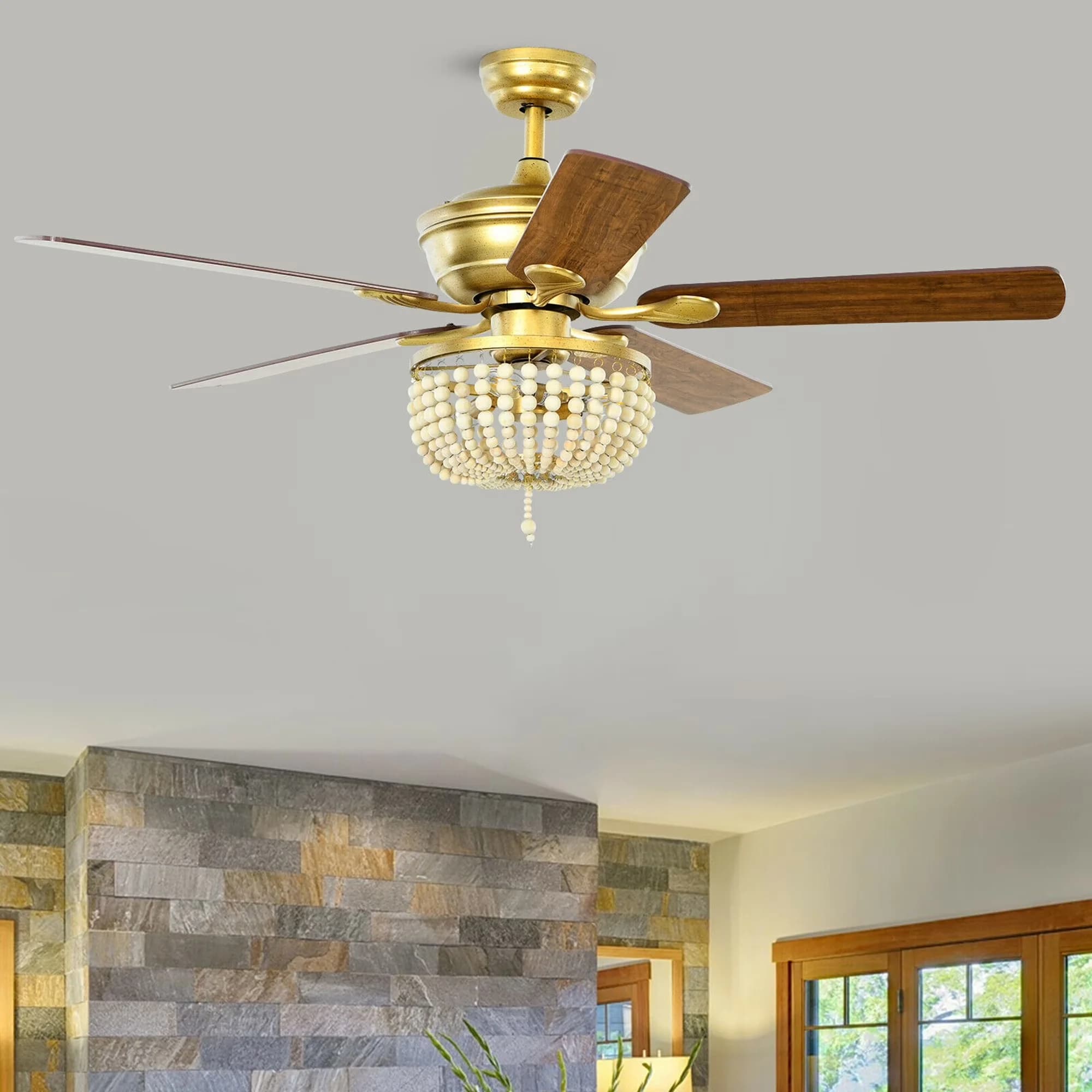Ceiling Fan Innovative with Incandescent, Reversible Blades - Beads Gold Model 3FE797
