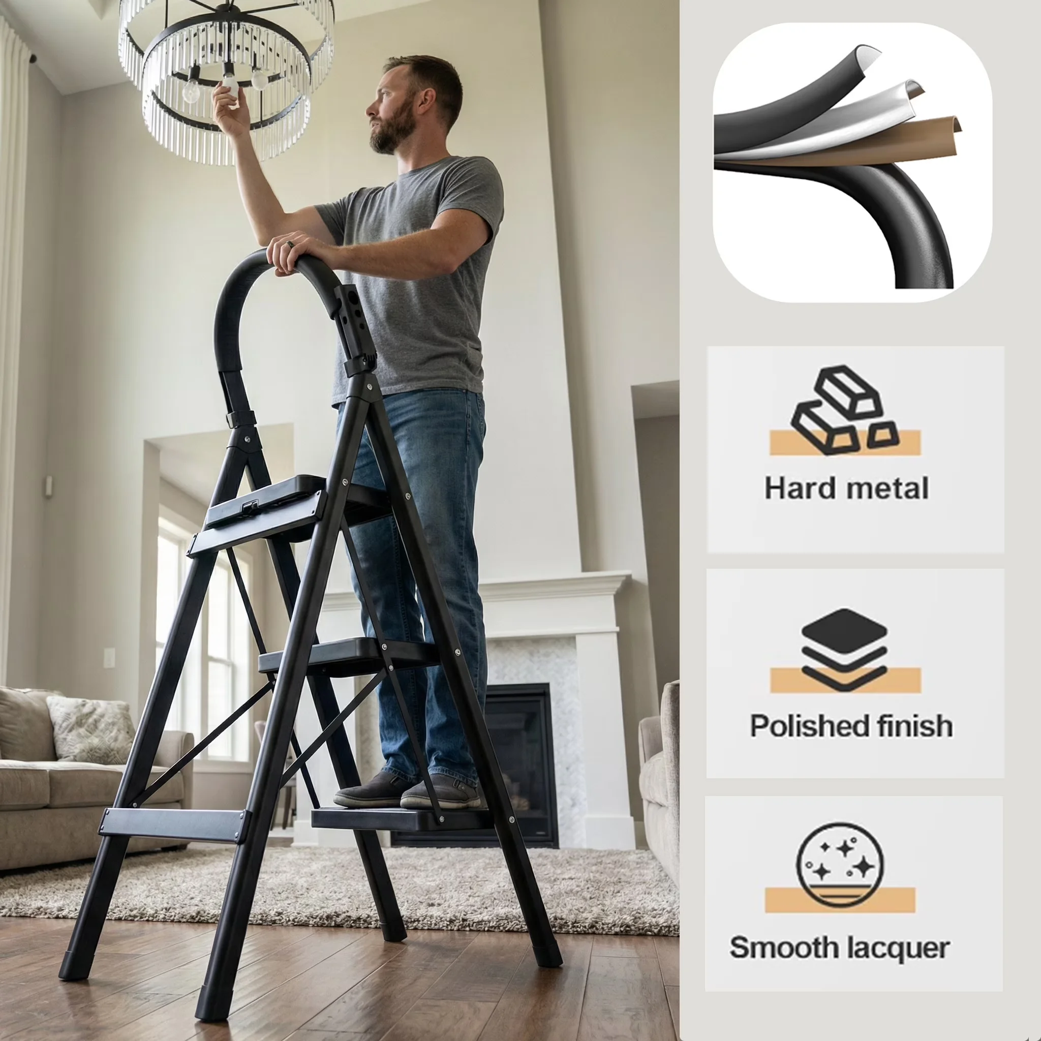 Ladders And Step Stool Innovative with Foldable, Padded Handrail - Metal Black Model C0F789
