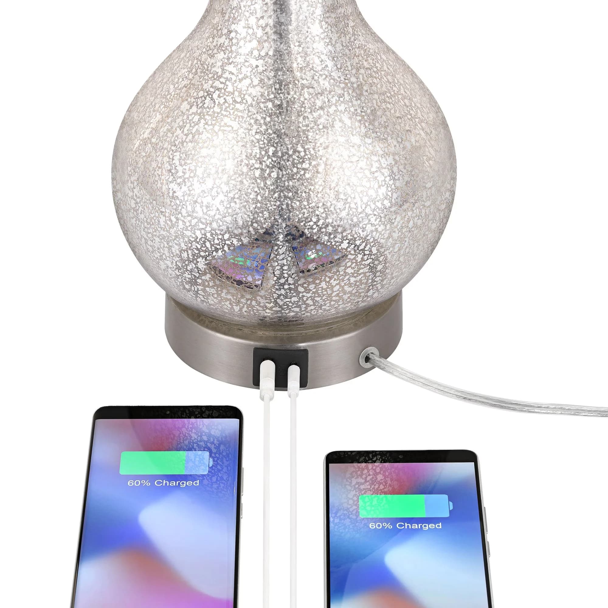 Classic Lamp Set with Incandescent, Usb Port, Modern - Silver Mercury Glass, Metal for Office Model E4D7B9