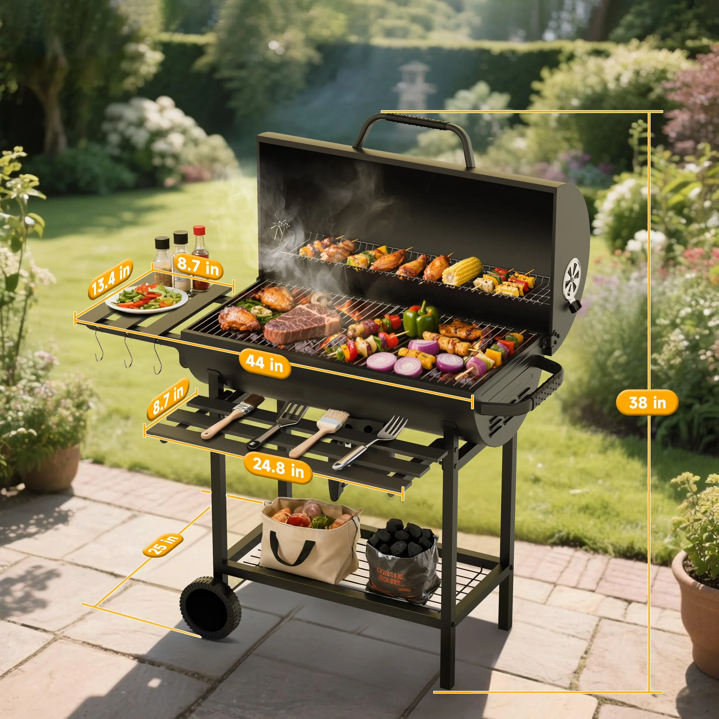 Sleek Charcoal Grill with Adjustable Air Vents, Charcoal Basket - Black Stainless Steel, Metal Model 6F6BDB