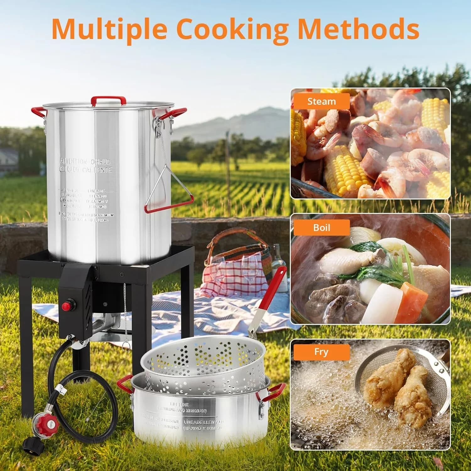 Outdoor Fryer Durable with 50000 BTU, Turkey Set, Thermometer - Iron & Aluminum Silver for Camping, Outdoor Model E0145D