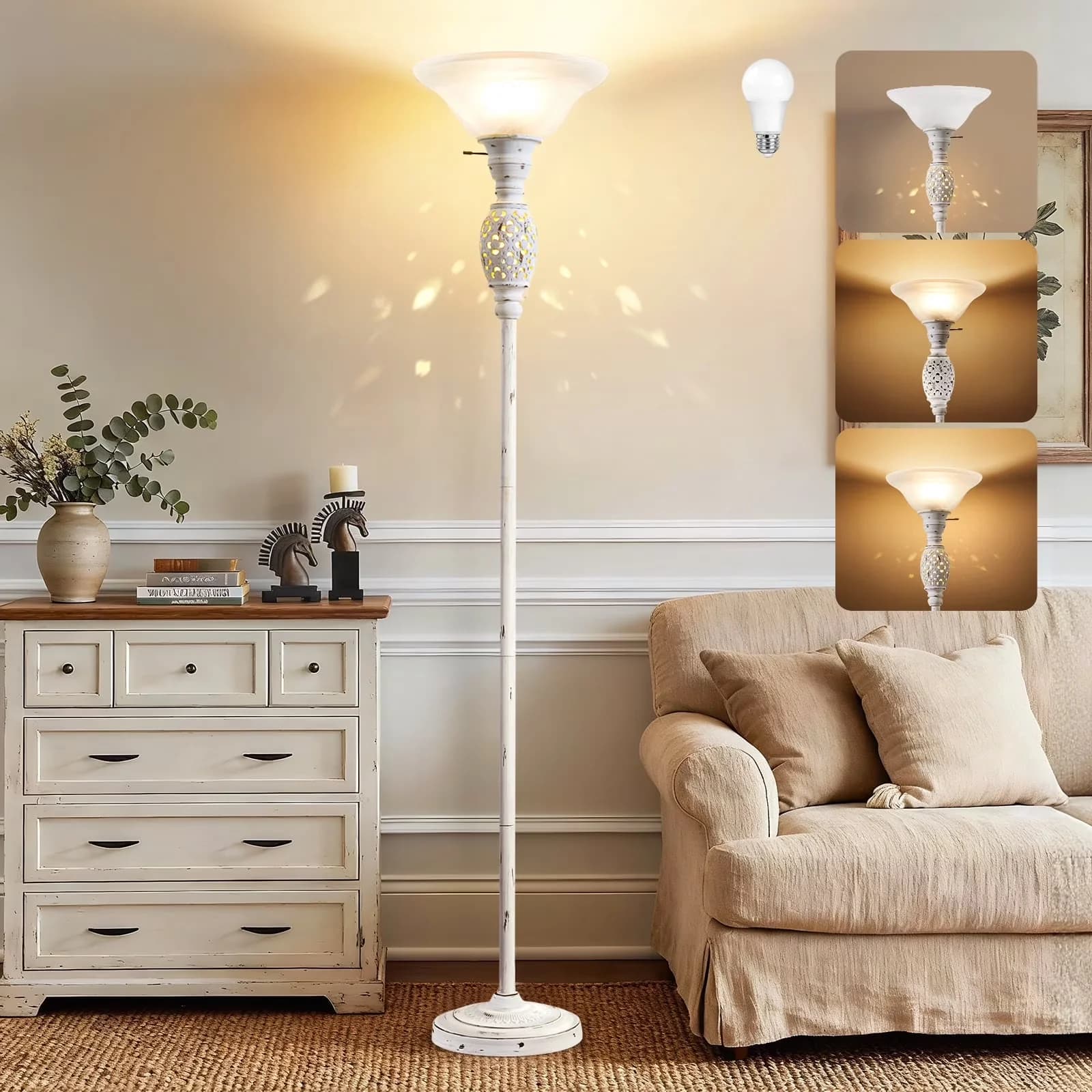 Floor Lamp Essential with LED, Energy Efficient - Metal White for Living Room, Home Model 15615E