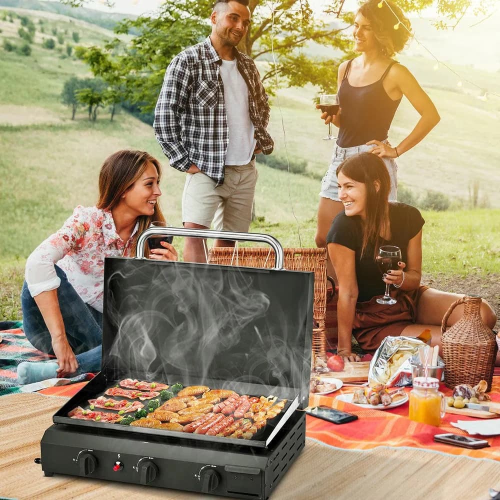 Professional Flat Top Grill with 30000 BTU, Grease Pan, Ceramic Coated Cast Iron Pan - Iron, Stainless Steel, Plastic Black for Outdoor Model EBCCED