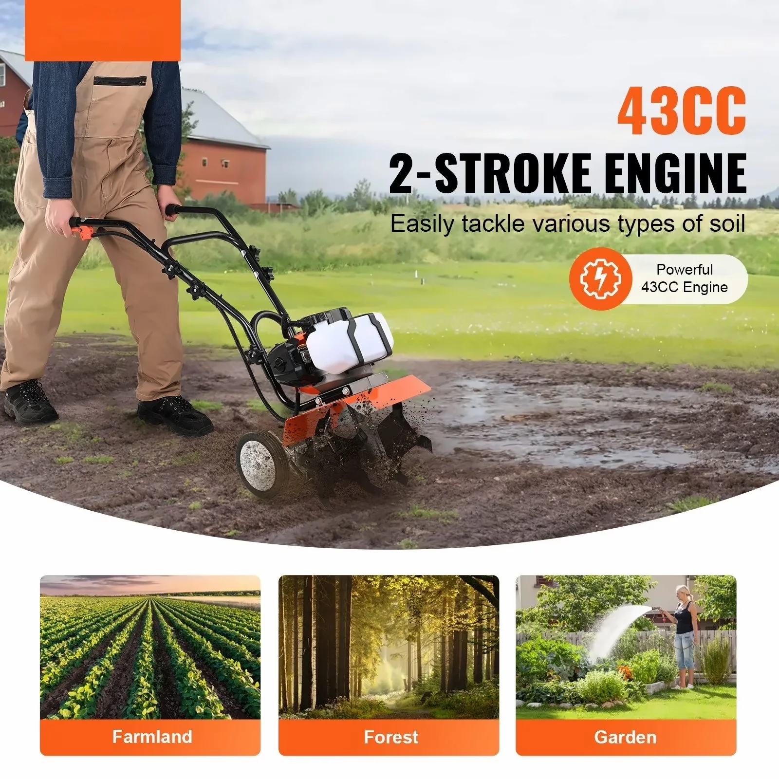 Stylish Trillers Cultivator with Garden Tiller 43CC 2-Stroke Gas Powered, Adjustable Tines - Model D18BD9