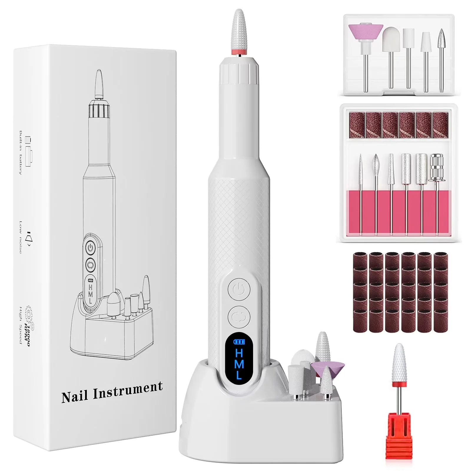 Sleek Power Tool with Battery, Adjustable, Electric Nail Drill - White Model C09115