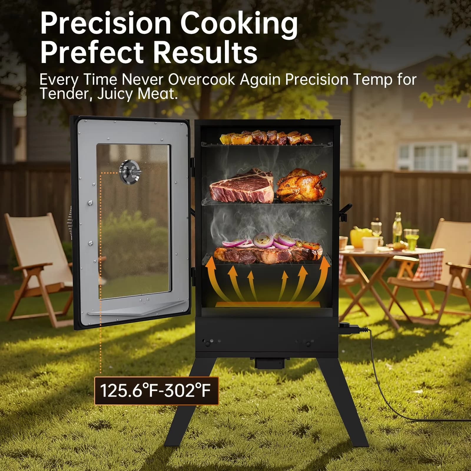 Compact Smoker with Water Smoker, Digital Temperature Control, Window - Black Iron , Chrome-Plated Iron Wire Model 7E3477