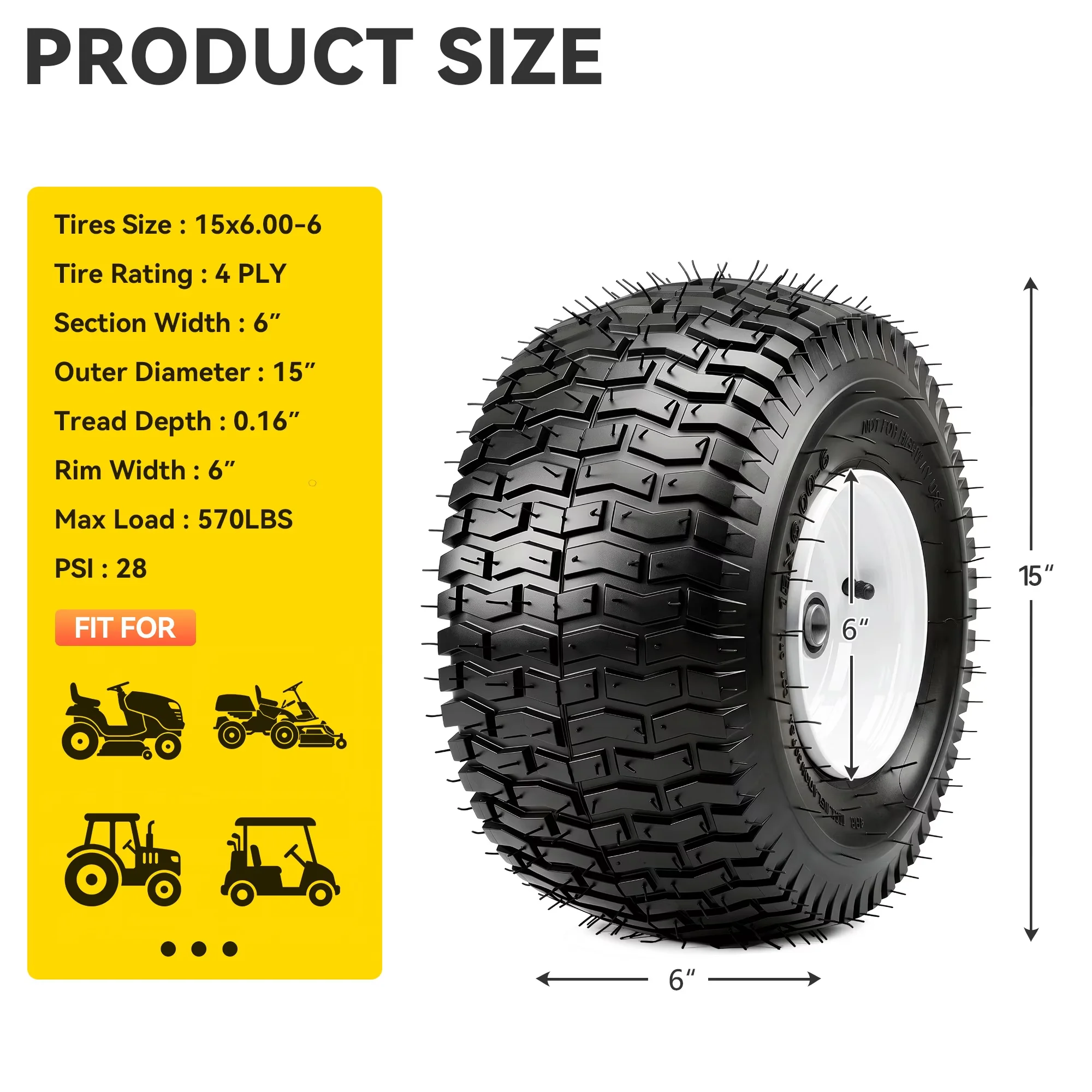 Innovative Suv Tire with Set of 2, 3" Centered Hub 3/4" Bearings, 15x6.00-6 Lawn Mower & Wheel Assembly - Model 481426