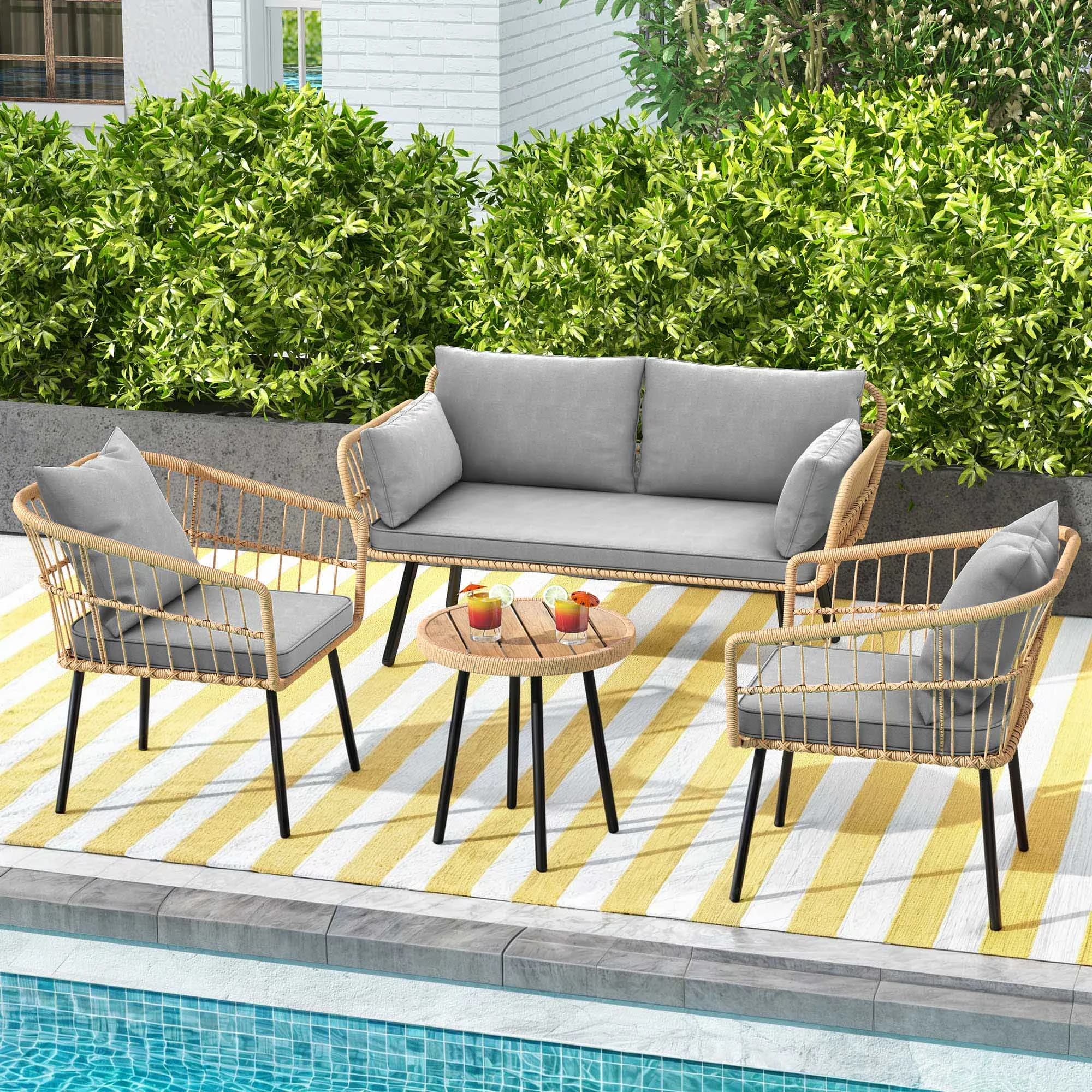 Durable Outdoor Sofas Sectional with Weatherproof, 4 Pieces Patio Conversation Set, Patio Furniture Set of Rattan Bistro Set - Gray... Model 2234AF