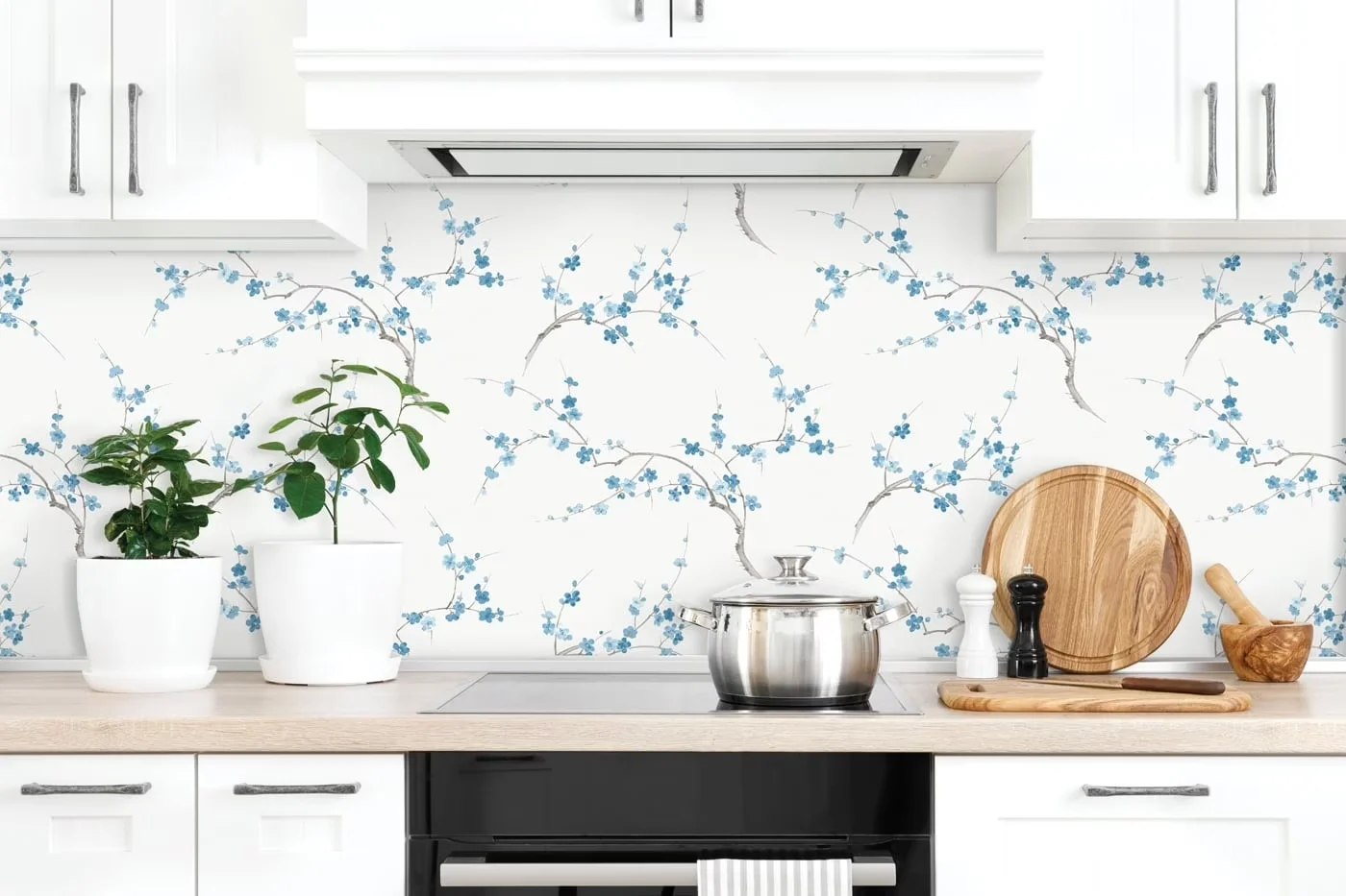 Wallpaper Sleek with Removable, Cherry Blossom Floral Peel and Stick - Vinyl Pacific Blue & White Model EB181E
