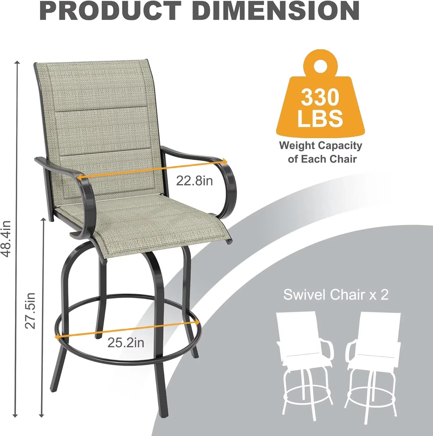 Patio Chair Essential with 360° Rotation, Armrests and Textilene Seat - Brown - Padded Textilene Model E8EDF3