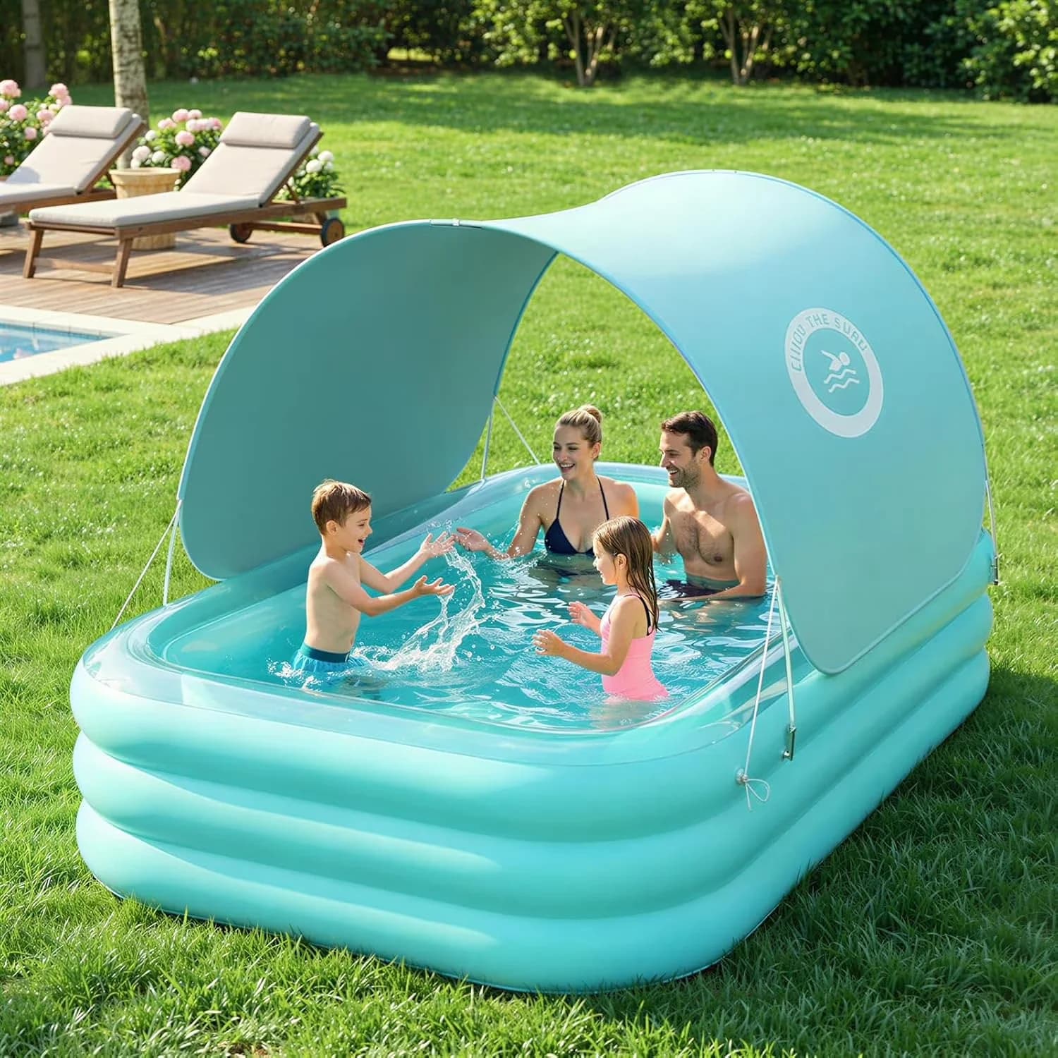 Inflatable Pool Modern with Canopy, Swimming - 102" X 65"-Green for Large, Garden Model 656CC0