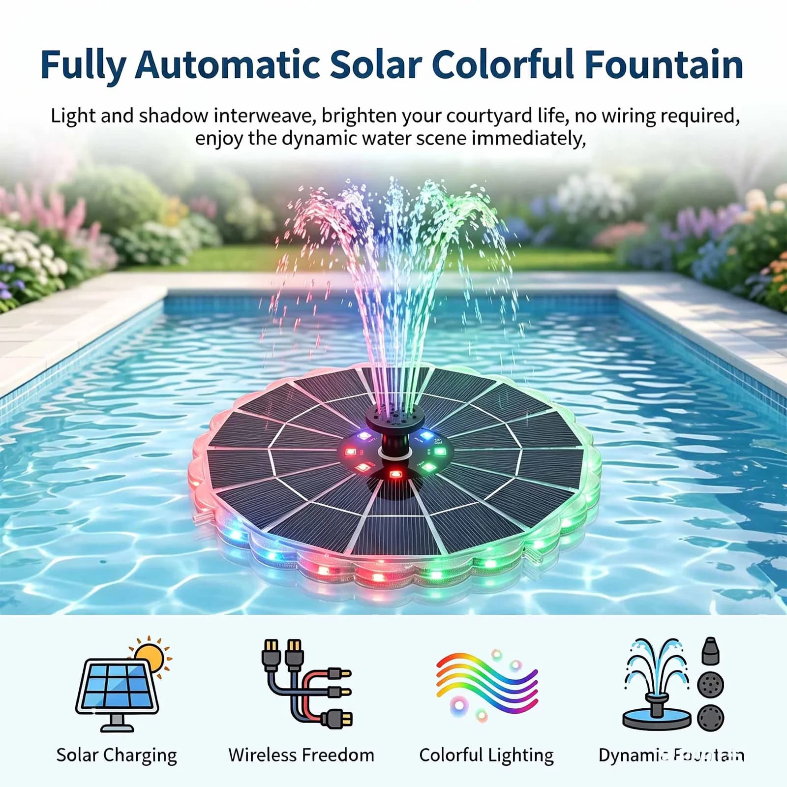 Efficient Ceiling Lights Fixture with LED, Battery, Solar Water Fountain - Plastic Black Model 5D5868