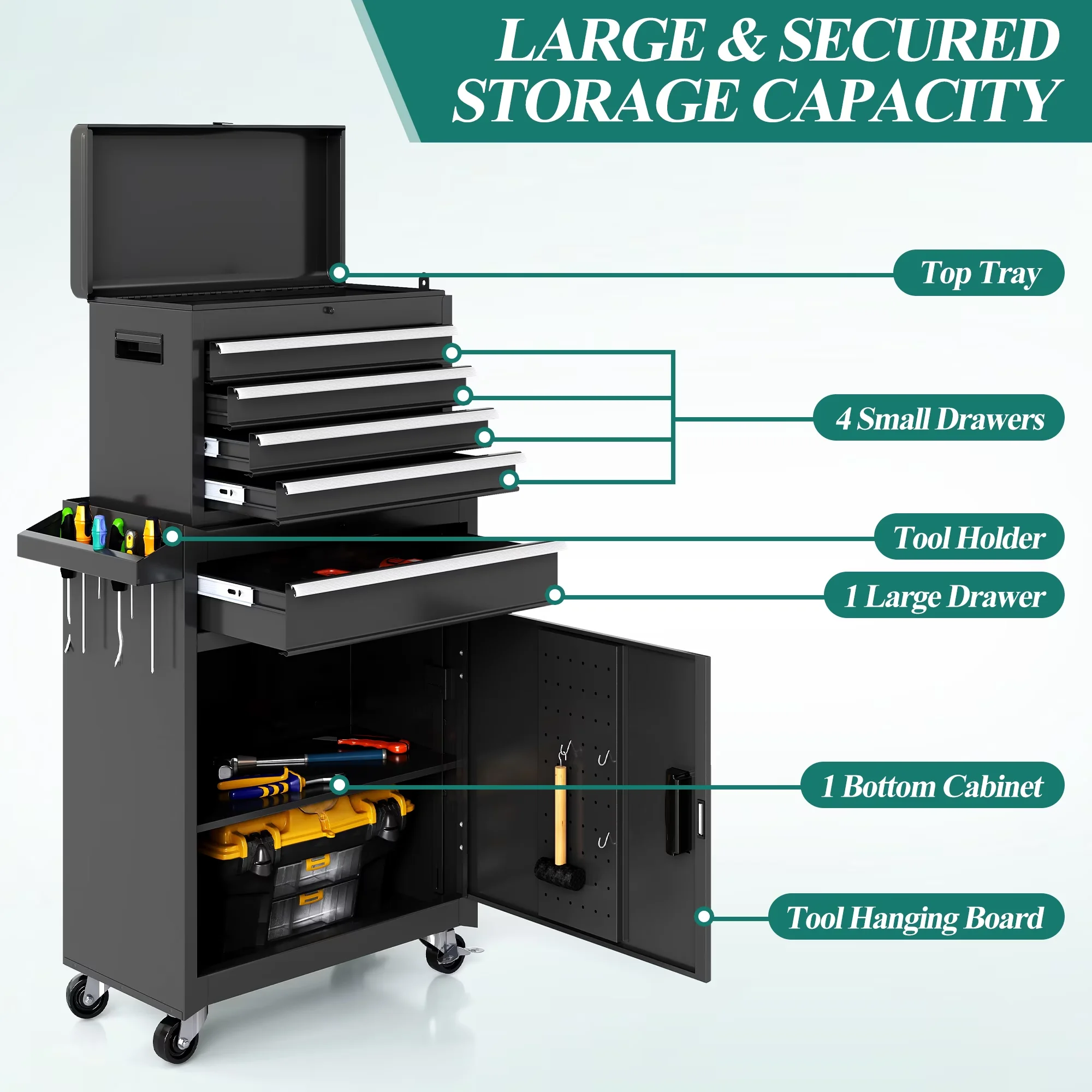 Professional Toolstorage with Heavy-Duty, Lockable, 2-in-1 Detachable Rolling Tool Chest - Black Iron Model E4723C