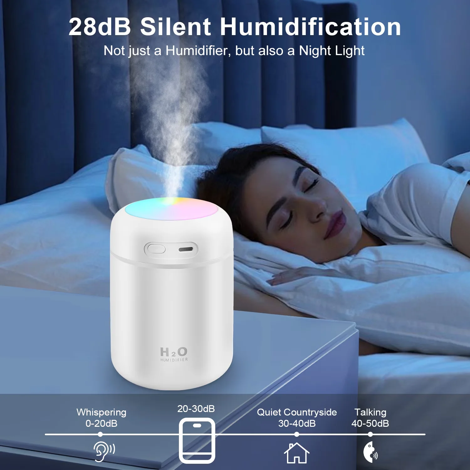Efficient Humidifier with LED, Automatic Shut-Off, USB Charging - White Model 43742A