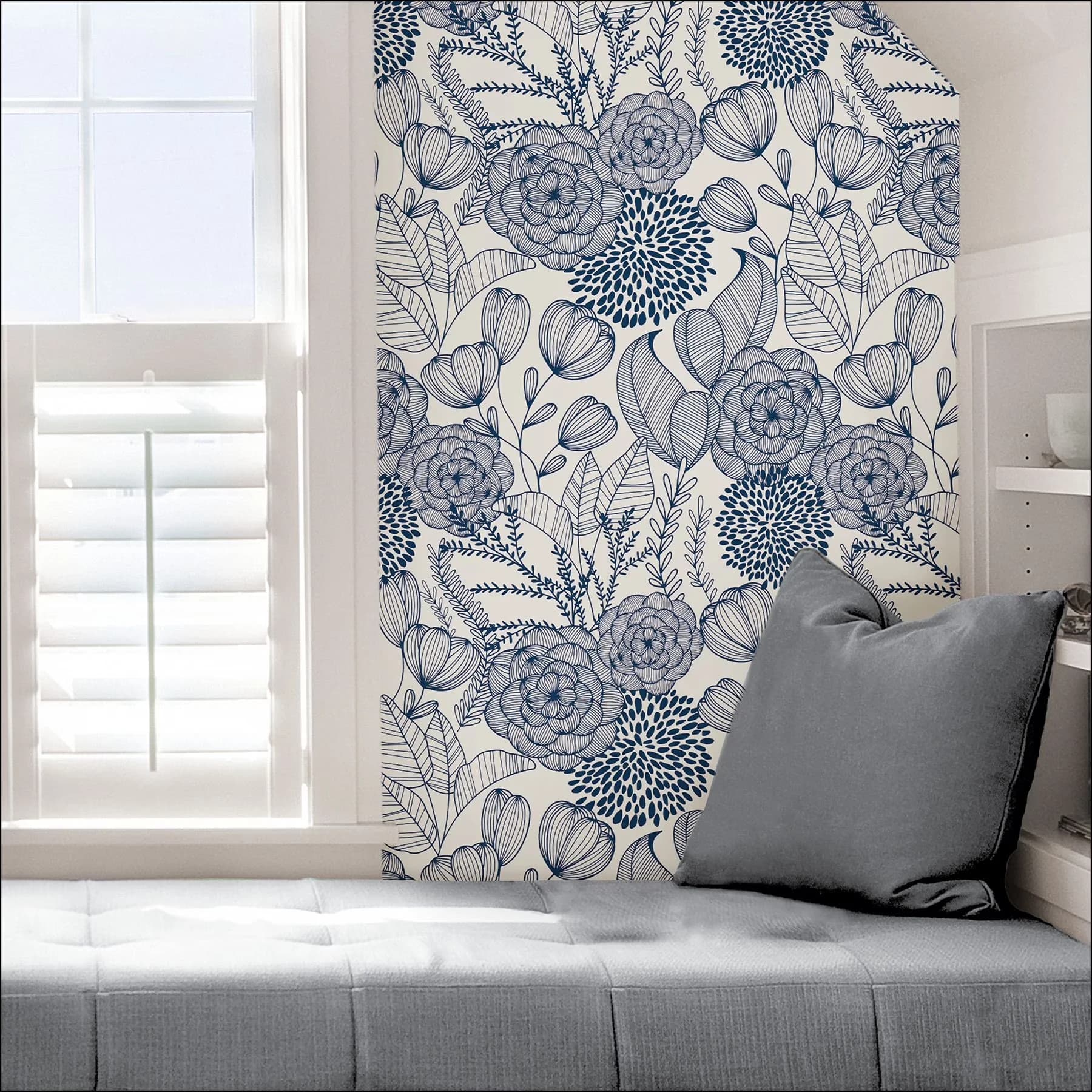 Premium Wallpaper Wall Decals Wall Covering with Removable, Navy floral wallpaper - Vinyl Blue Model C5A153