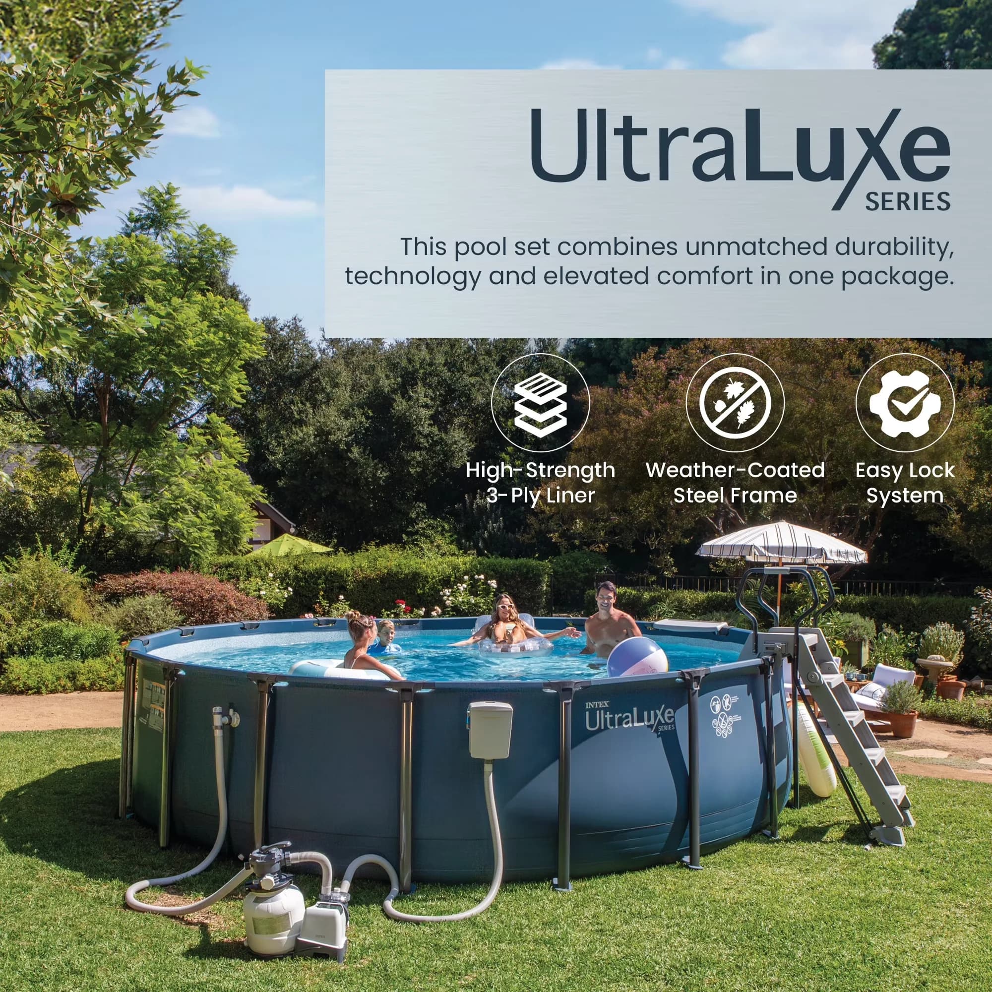 Professional Above Ground Pool with Puncture Resistant, & Saltwater System - Blue Model E74F21