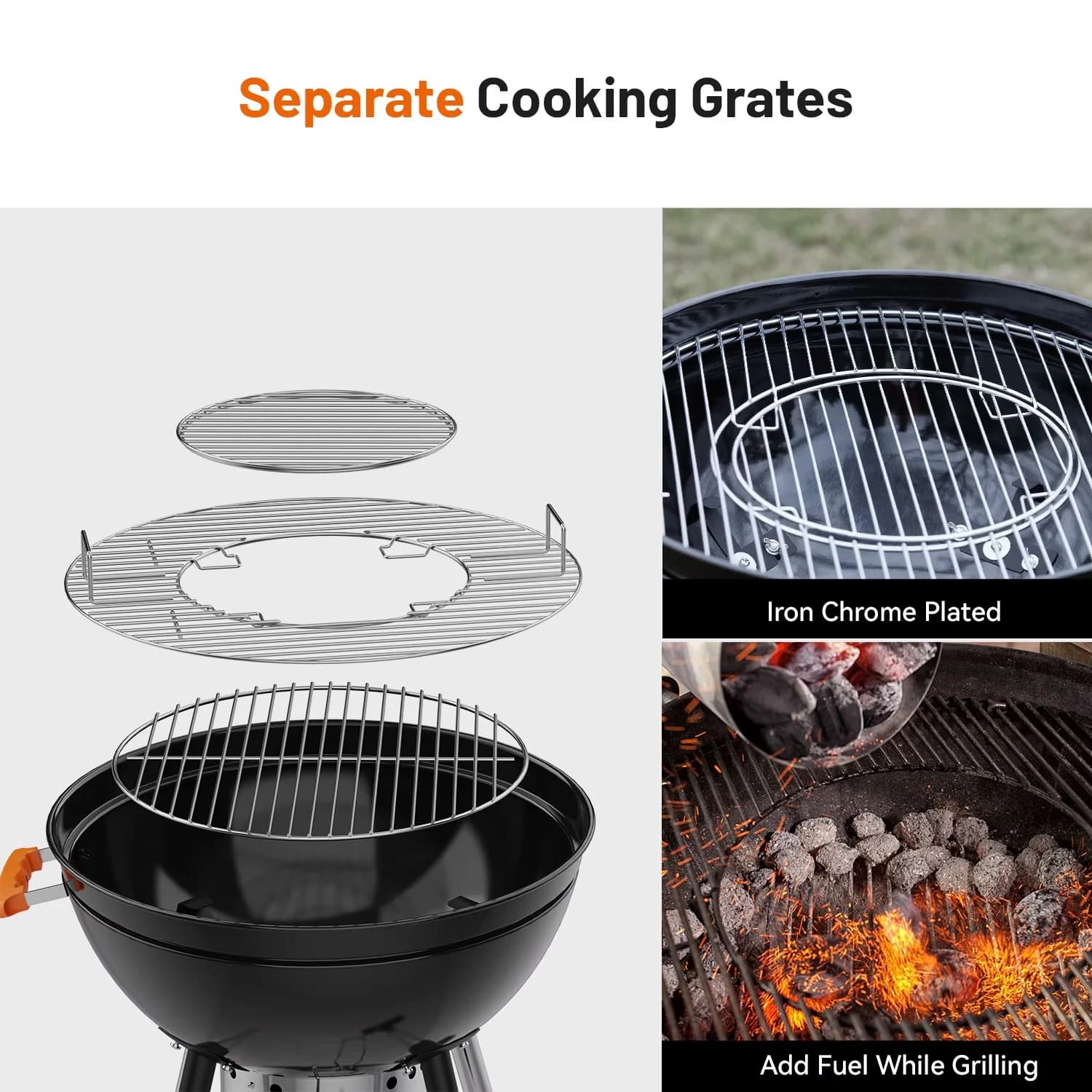 Charcoal Grill Versatile with Adjustable Charcoal Tray, Removable Ash Catcher, Heat Thermometer - Black Metal, Stainless Steel Model F49BA3