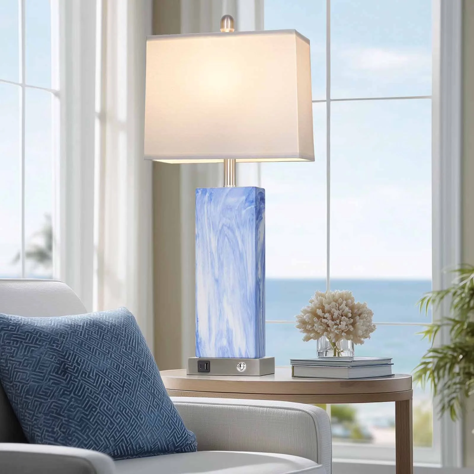 Reliable Lamp Set with LED, Modern, Usb Port - Blue Ceramic, Metal for Living Room, Bedroom Model 83306A