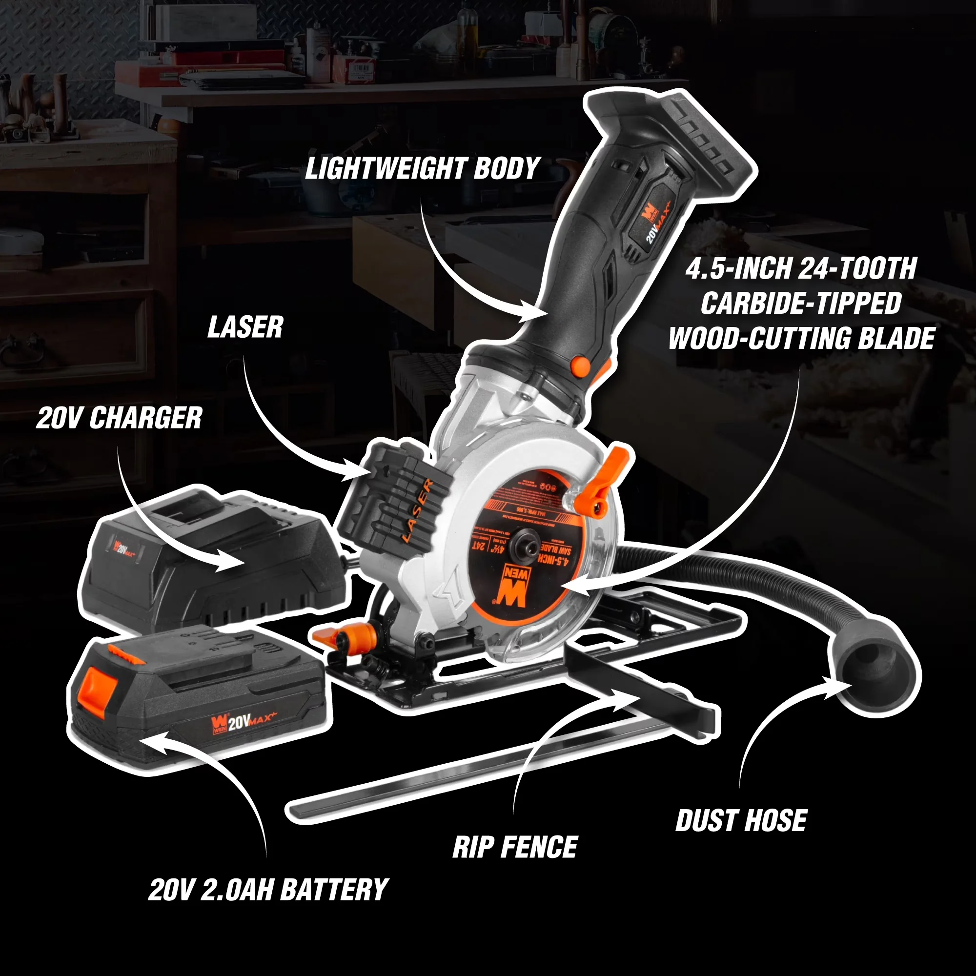 Power Saw Stylish with Battery, 20V, 2.0Ah Battery and Charger - 4-1/2-Inch Model 7EC27D