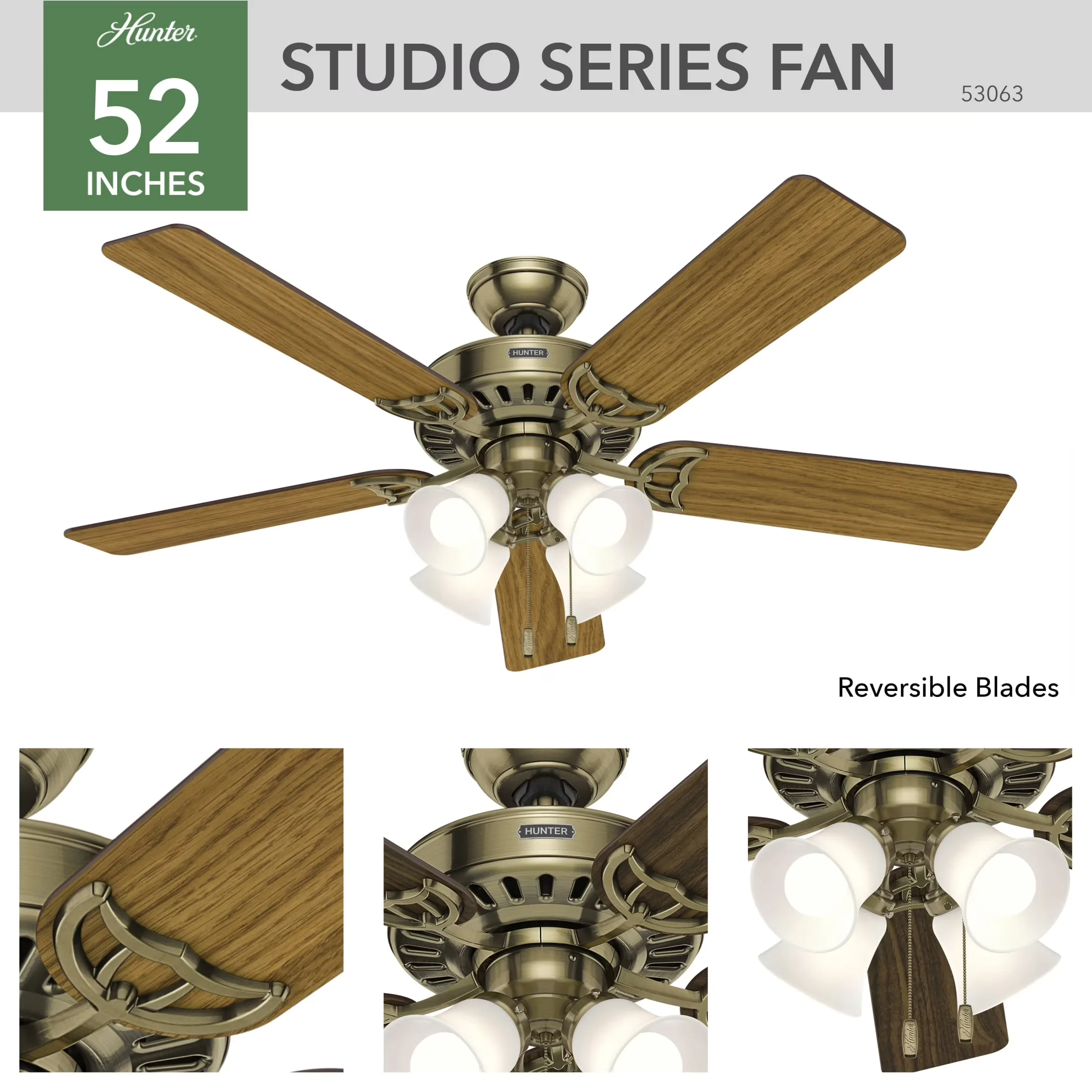 Stylish Ceiling Fan with LED, Reversible Blades, Traditional - Gold Glass for Living Room, Bedroom Model 76FD96