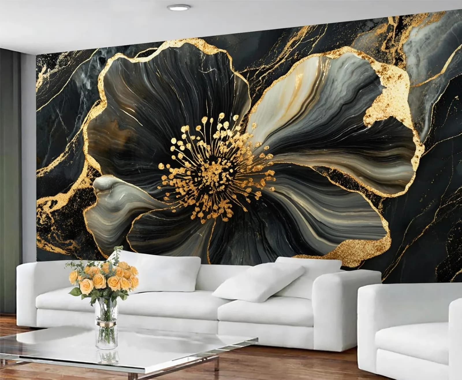 Quality Wallpaper Wall Decals Wall Covering with Durable, Black Gold Flowers Mural - High-Quality Canvas 59"W x 39.4"H for Dining... Model B798CD