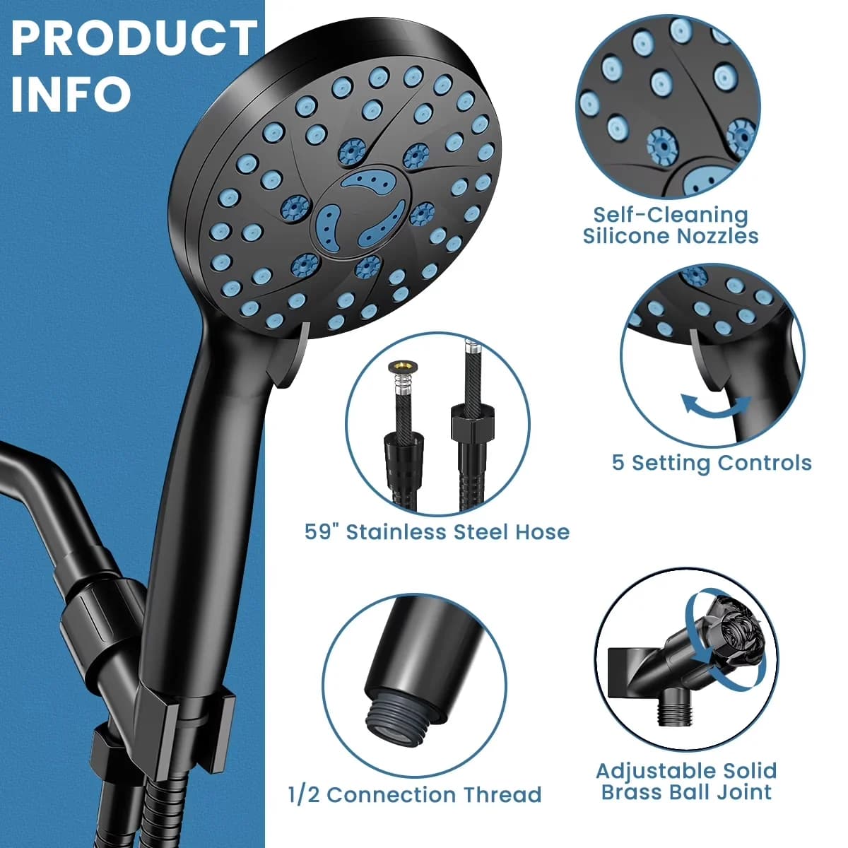 Shower Head Reliable with Adjustable Angle, Black, High Pressure - Abs 4.5" Model E807E4