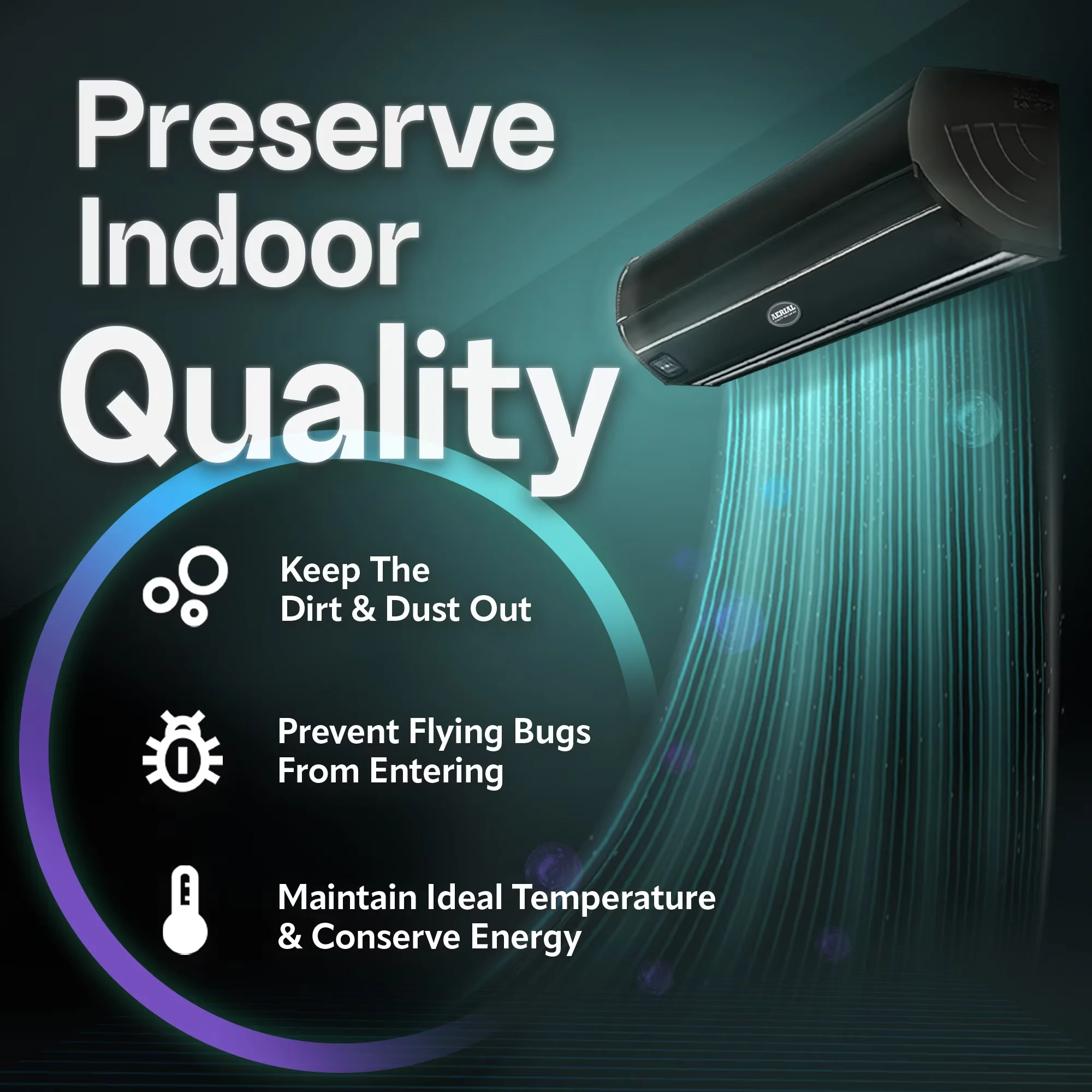 Air Conditioner Essential with Wall Mounted Curtain Fan, Door Magnetic Switch by Aerial Titan-2, UL Certified Heavy Duty - Dark Model 4FF6FF