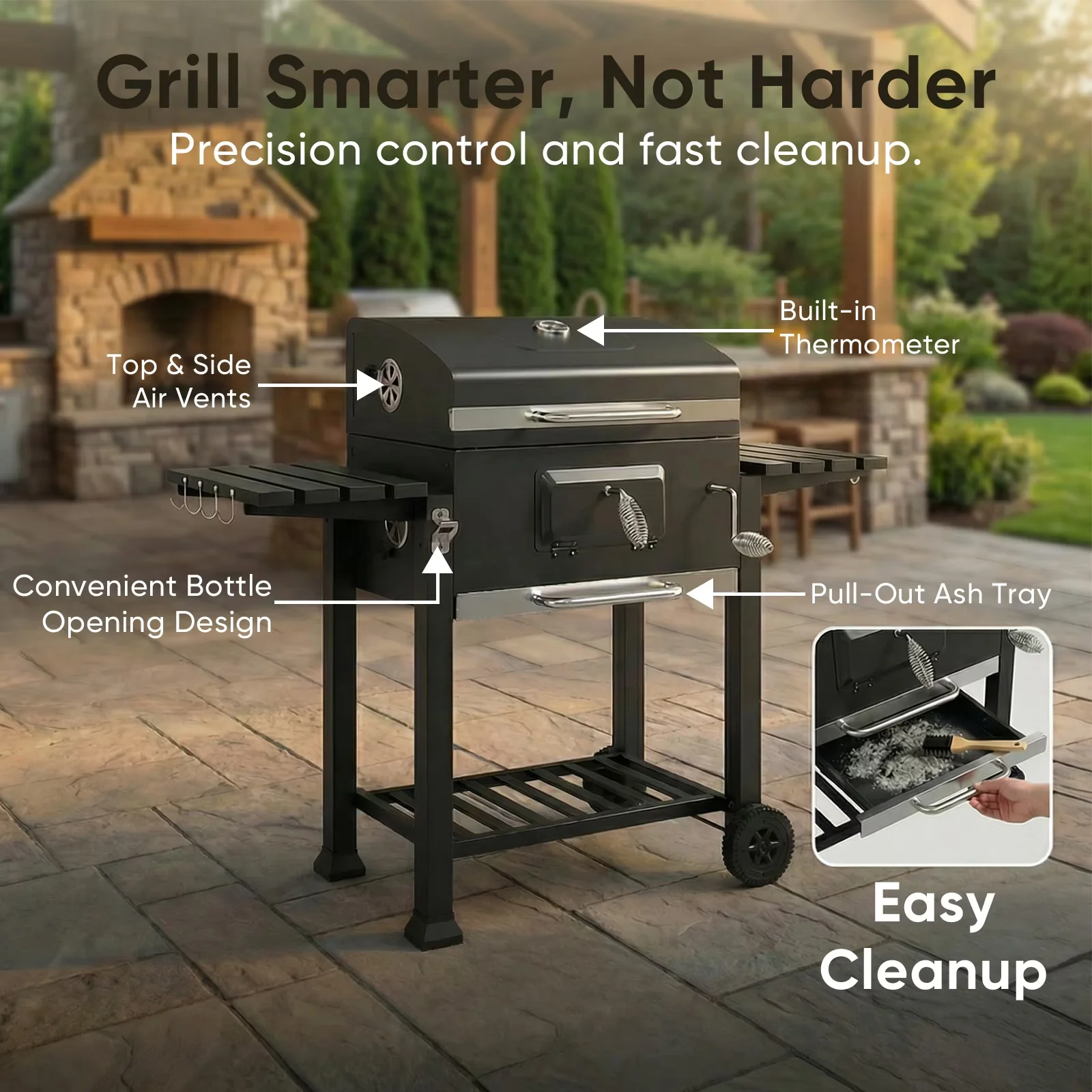 Versatile Charcoal Grill with Foldable, Heat Thermometer, Portable - Black Stainless Steel for Outdoor, Picnic Model B2F468