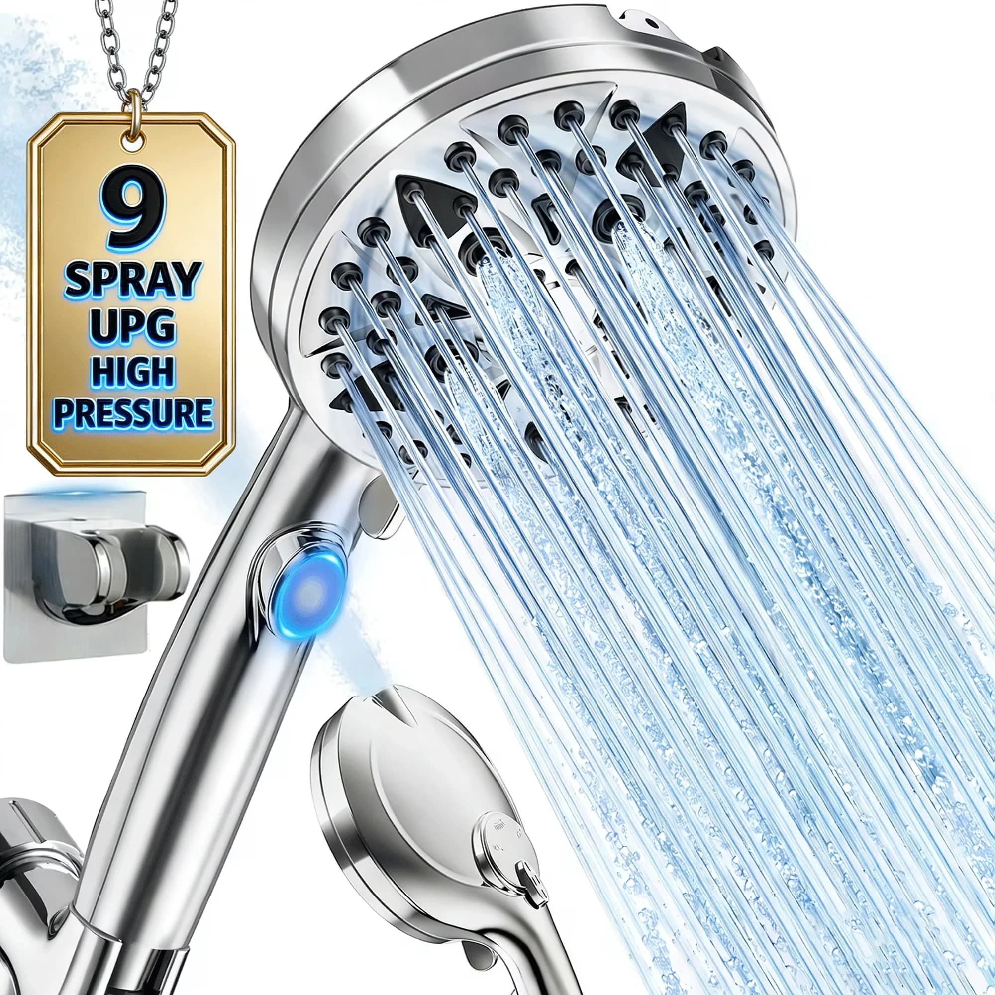 Shower Head Professional with High Pressure, Handheld - Silver Plastic, Stainless Steel Pipe Model DDD43E