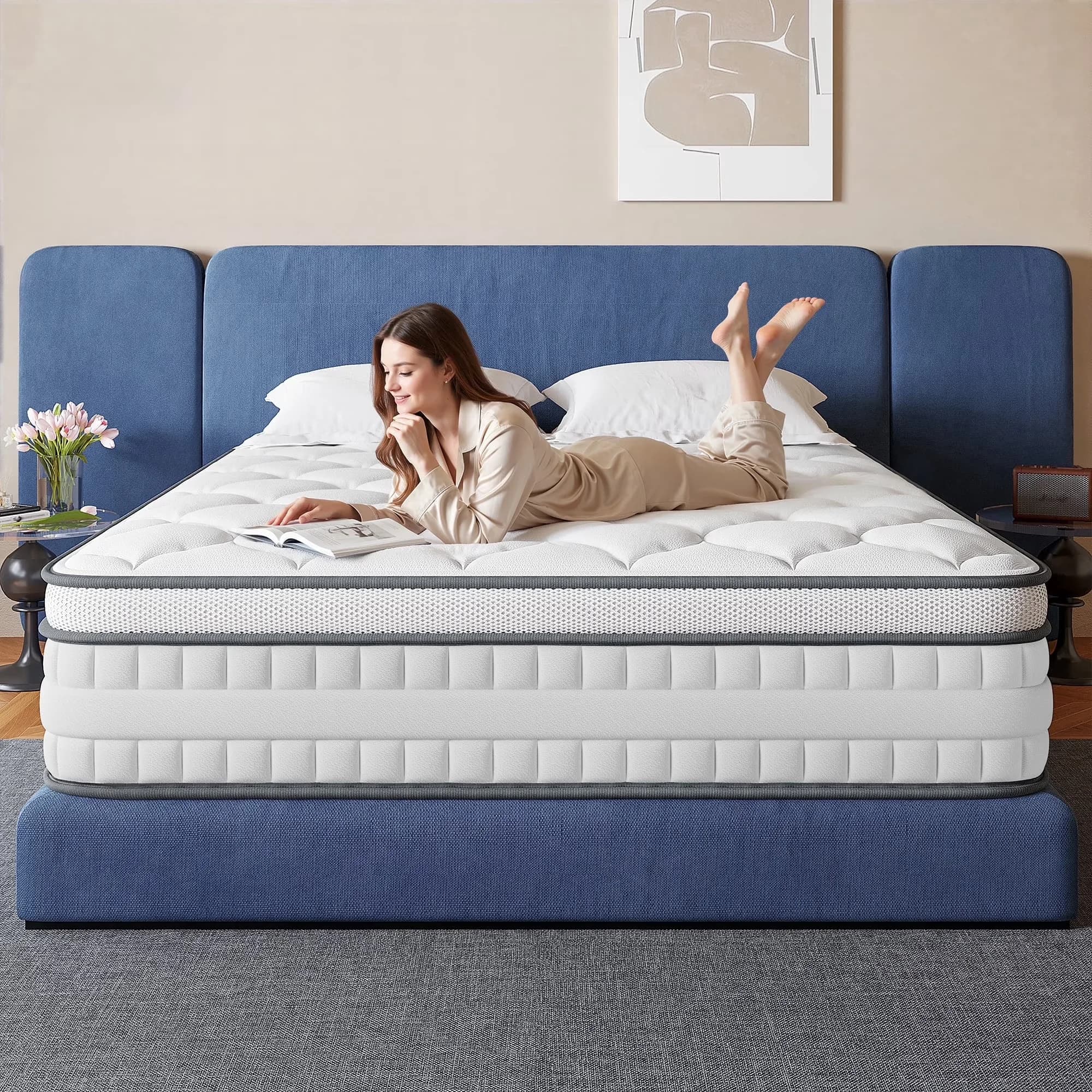 Mattresses Accessory Sleek with Cooling Technology, Mattress-In-A-Box, Pressure Relief & Motion Isolation White - White Foam,Fabric Model EFEB96