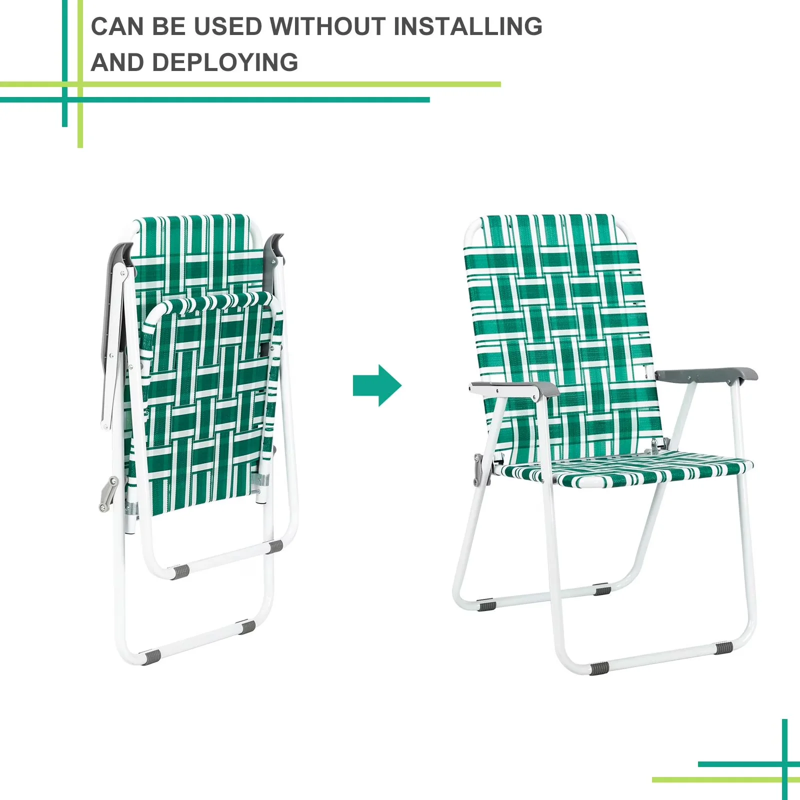 Reliable Beach Chair with Foldable, 2 Piece, Armrest - Pp Braided Belt Steel Pipe Green Model 16279B
