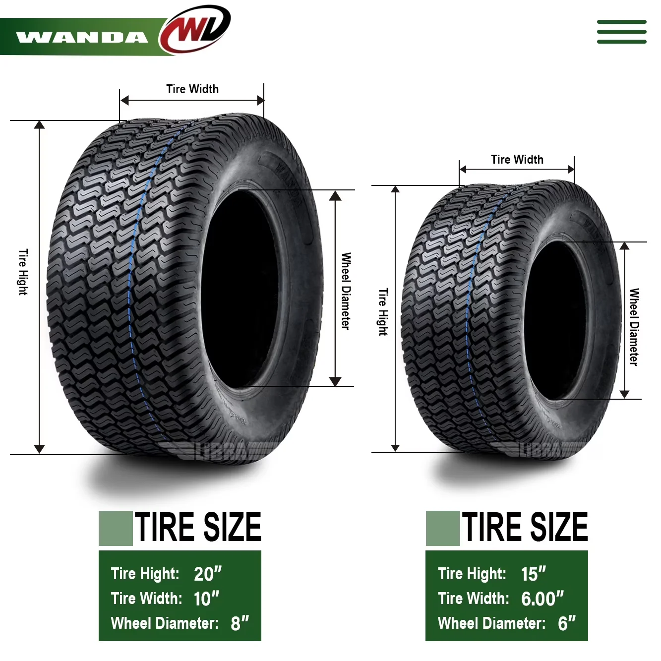 Lawn Mower Tire Reliable with Front and Rear 15" x 6", Load Range: B, 6 and 20" x 10" - Model 24BDDD